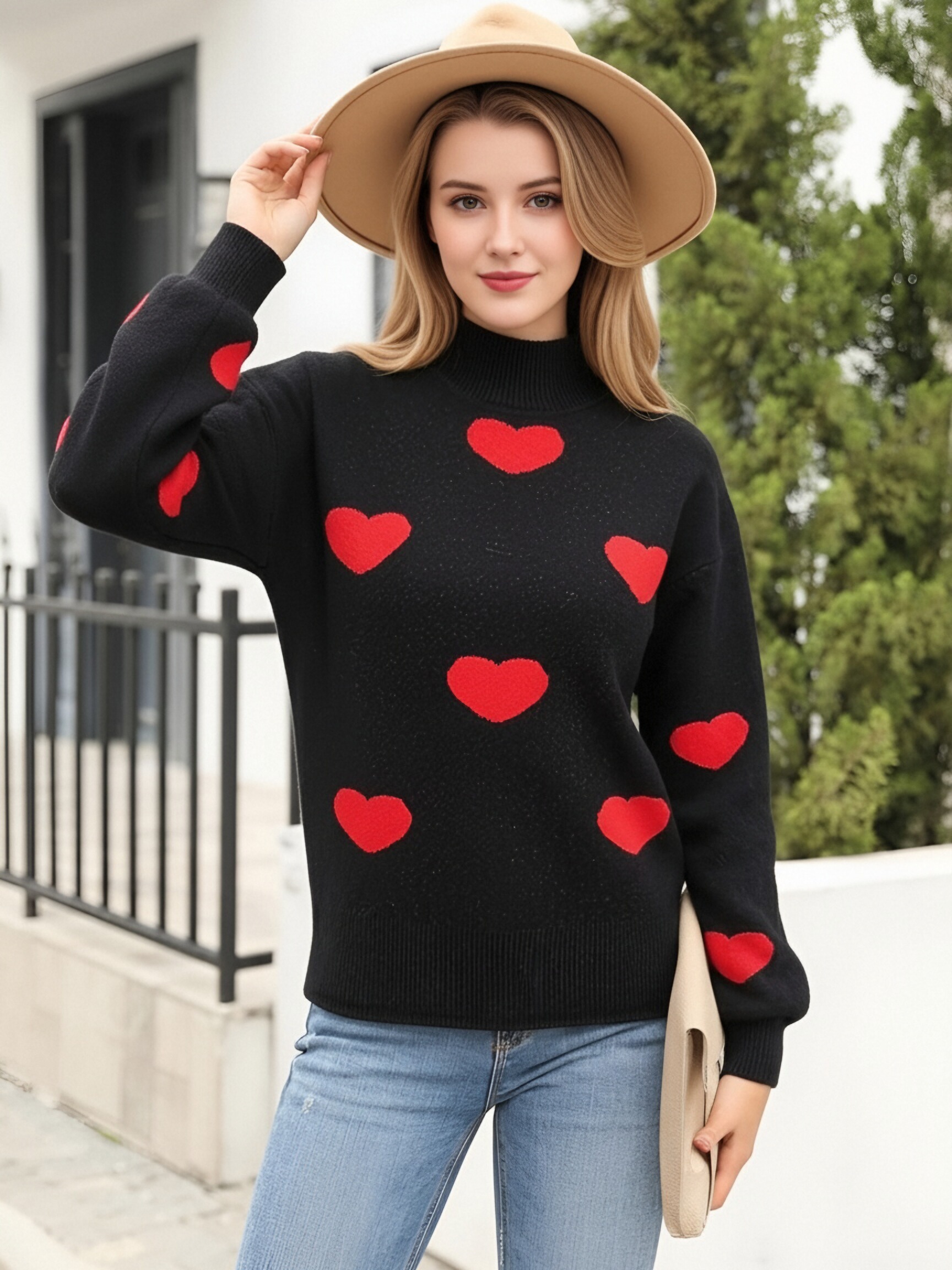 Women Turtleneck Black Knit Sweater, Cute Red Heart Pattern Loose Long Sleeve Pullover, Casual Soft Warm Valentine Daily Knit Top view 3
