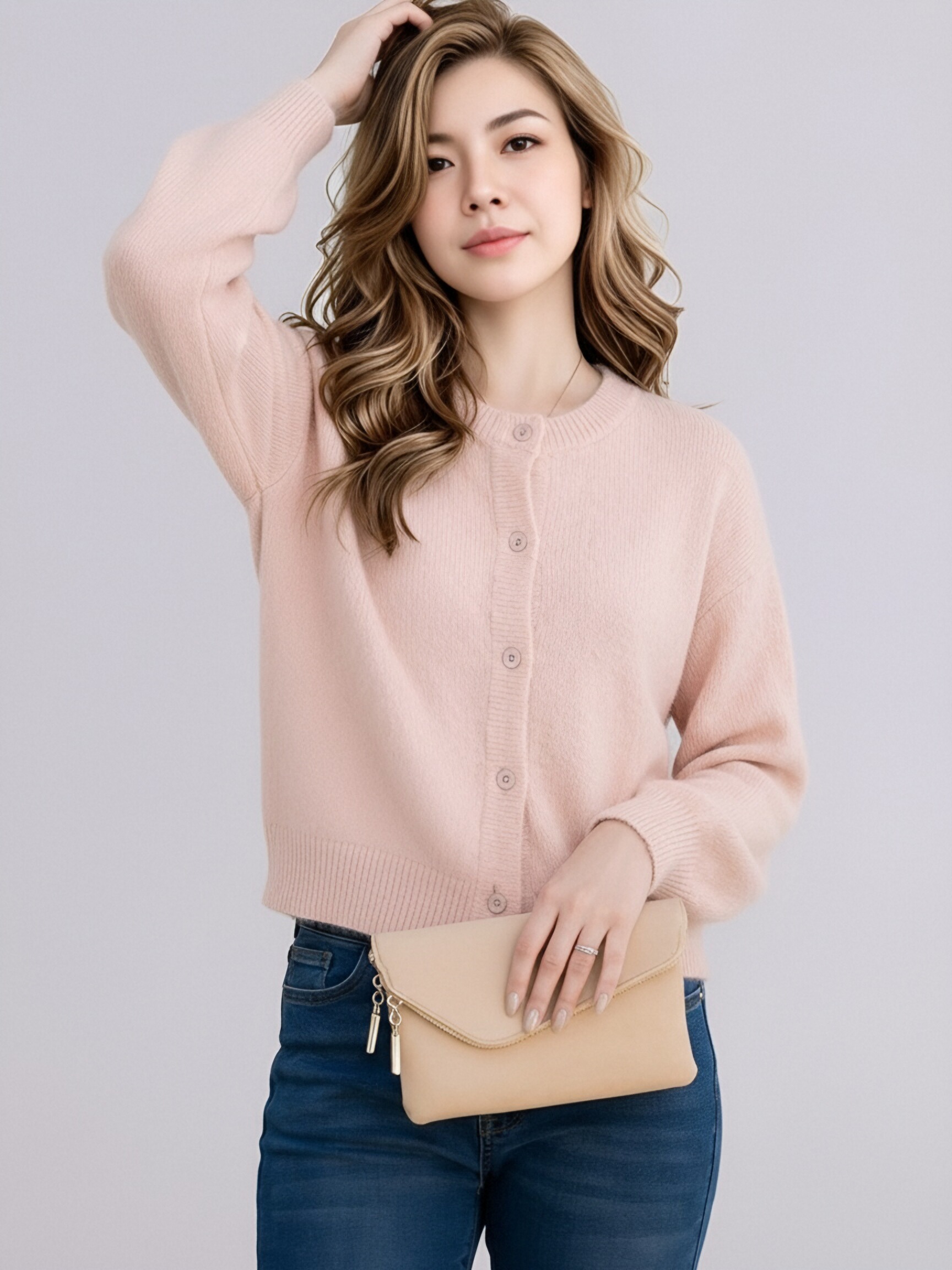 819 Women Crew Neck Button Knit Cardigan, Long Sleeve Solid Color Cropped Knit Sweater Coat, Casual Loose Soft Knit Outerwear For Spring Fall Multiple Colors
