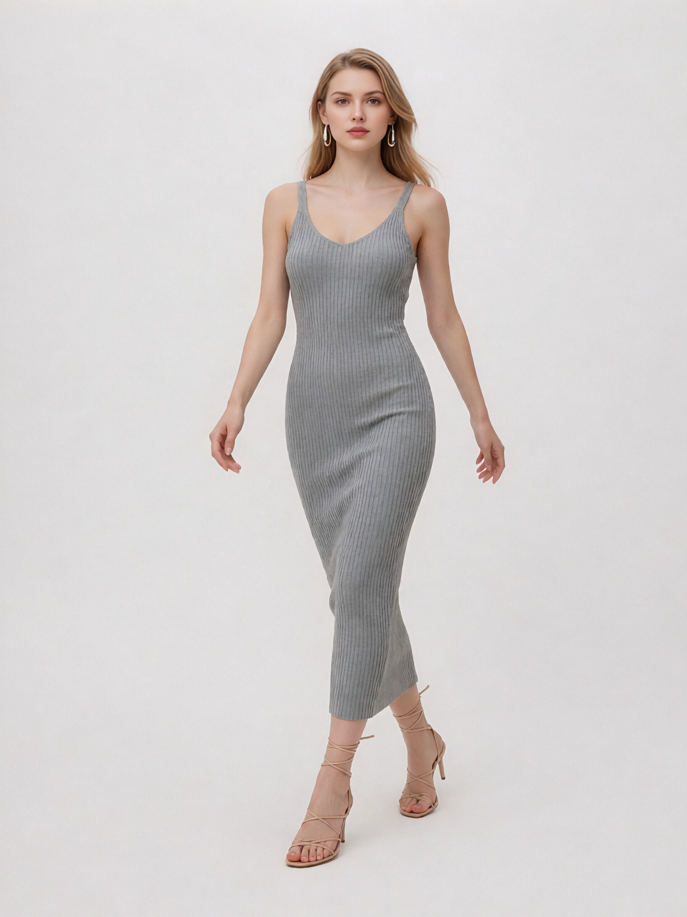 Women Deep Backless Ribbed Knit Midi Dress, Slim Spaghetti Strap Bodycon Sleeveless Mid-Calf Dress, Minimalist Gray V-Back Stretch Knit Cami Dress view 2