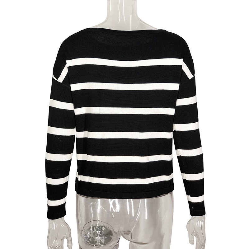 Women Boat Neck Black White Striped Knit Top, Loose Drop Shoulder Long Sleeve Casual Lightweight Sweater Pullover view 7