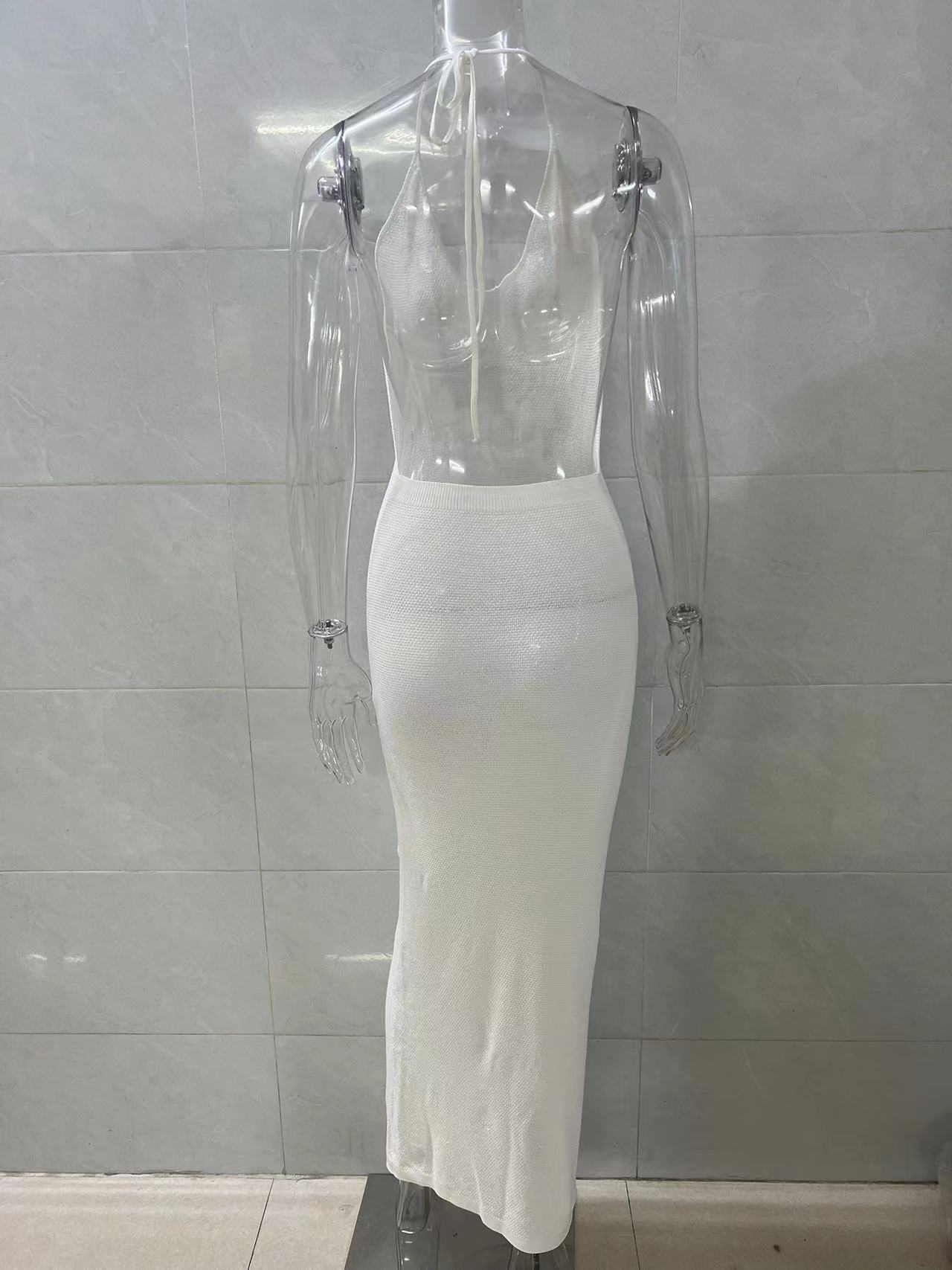 Women White Halter V‑Neck Maxi Dress, Backless Tie‑Up Bodycon Long Dress, Textured Knit Beach Vacation Party Evening Gown view 6