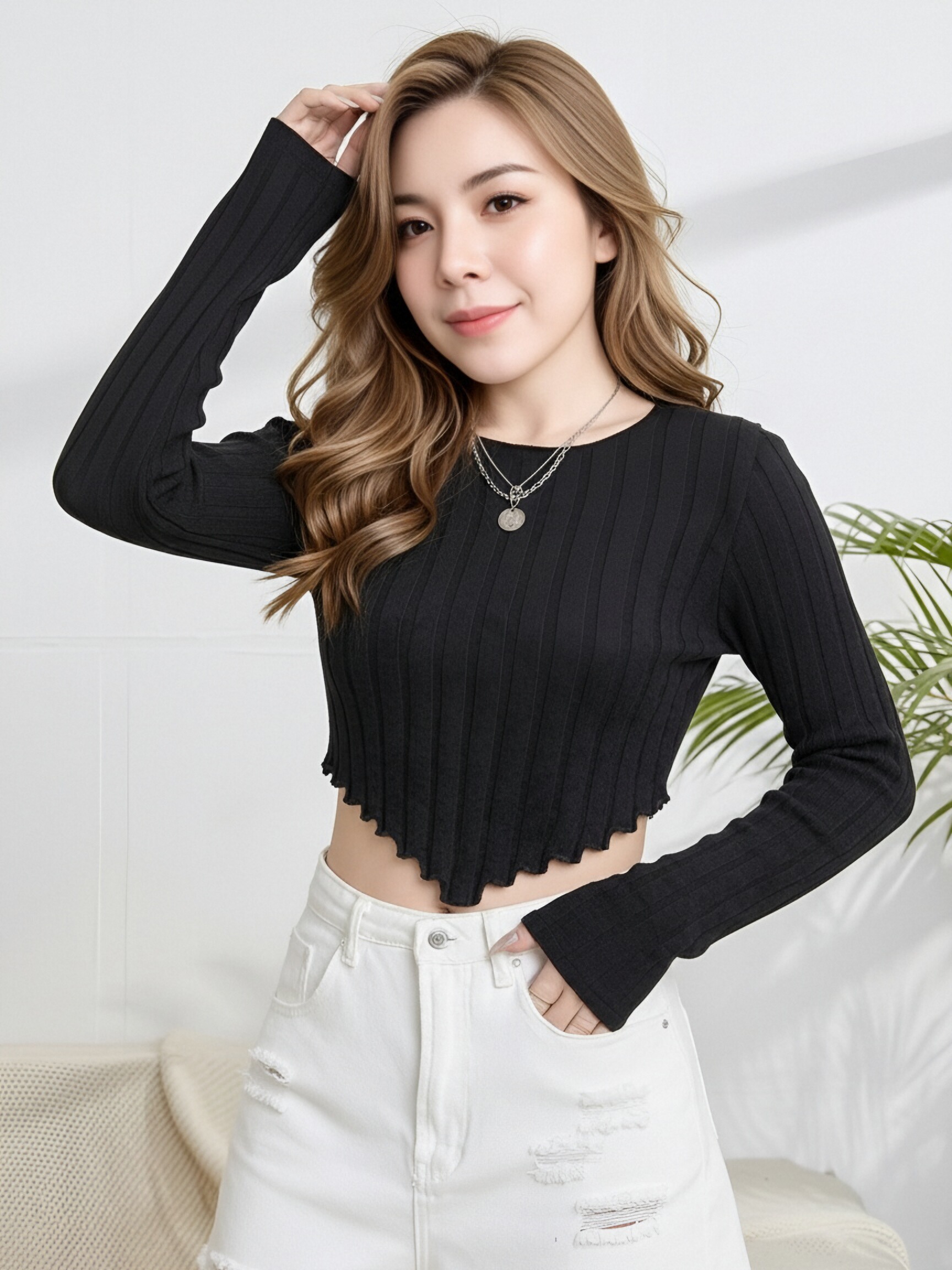Women Cream Vertical Ribbed Long Sleeve Crop Knit Top, Round Neck Scalloped Irregular Hem Slim Fitted Y2K Going Out Camisole view 4