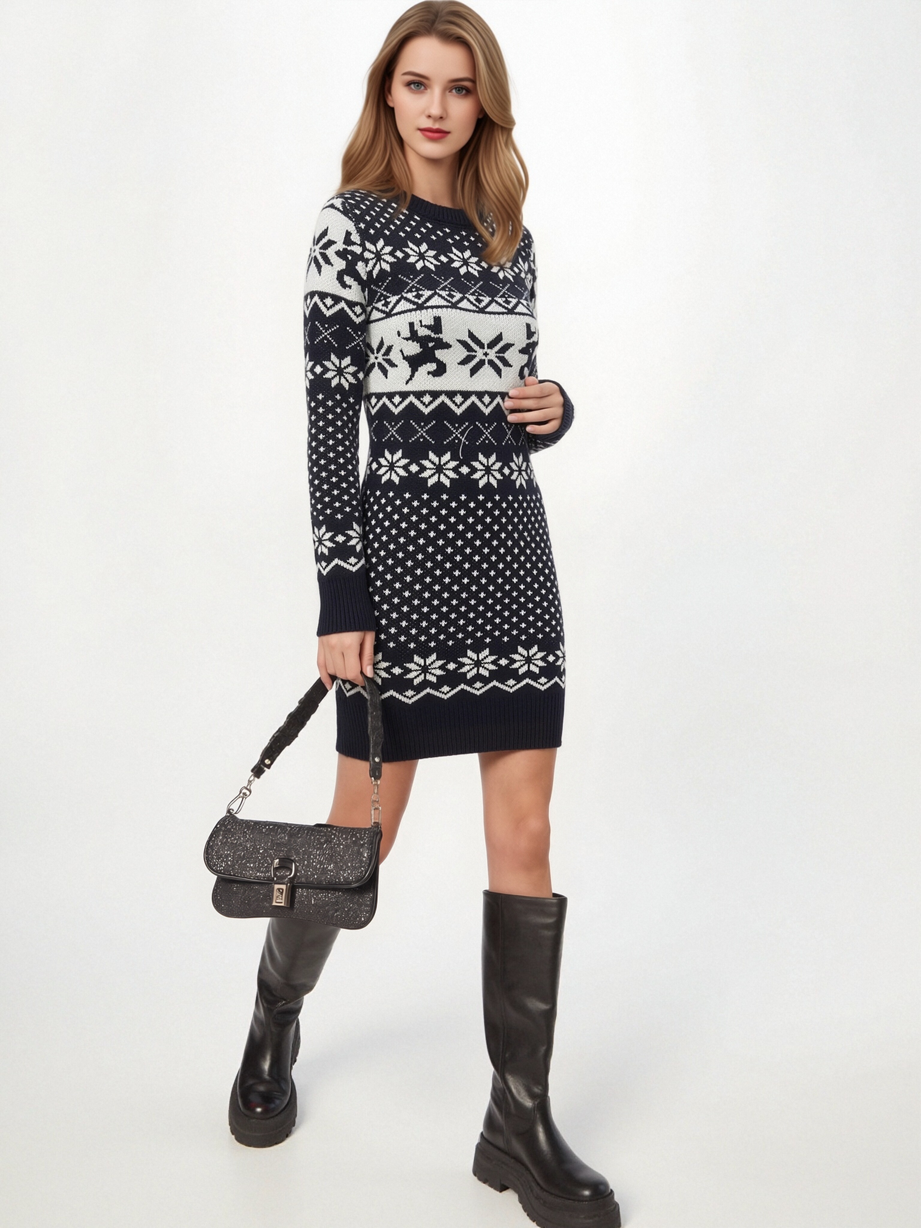 Women Christmas Reindeer Snowflake Knit Mini Dress, Crew Neck Long Sleeve Bodycon Sweater Dress, Fall Winter Holiday Party Short Knit Dress view 4