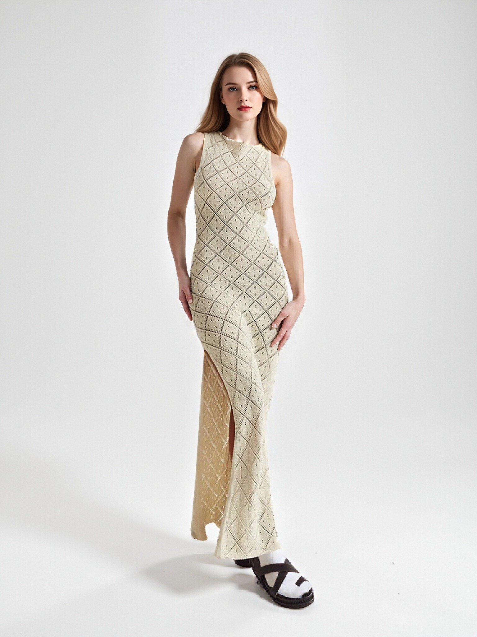 881 Women Sleeveless Hollow Diamond Knit Maxi Dress, Crew Neck Side Slit Bodycon Long Dress, Summer Beach Cover‑Up Crochet Tank Dress