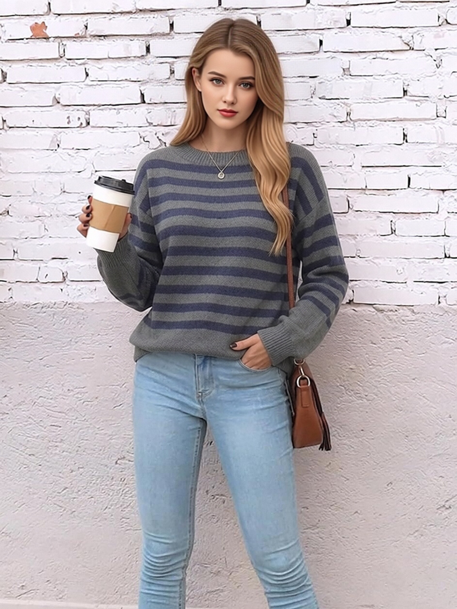 Women Crew Neck Striped Knit Sweater, Loose Drop Shoulder Long Sleeve Color Block Stripe Pullover Jumper, Casual Oversized Soft Knit Top for Autumn Winter view 5