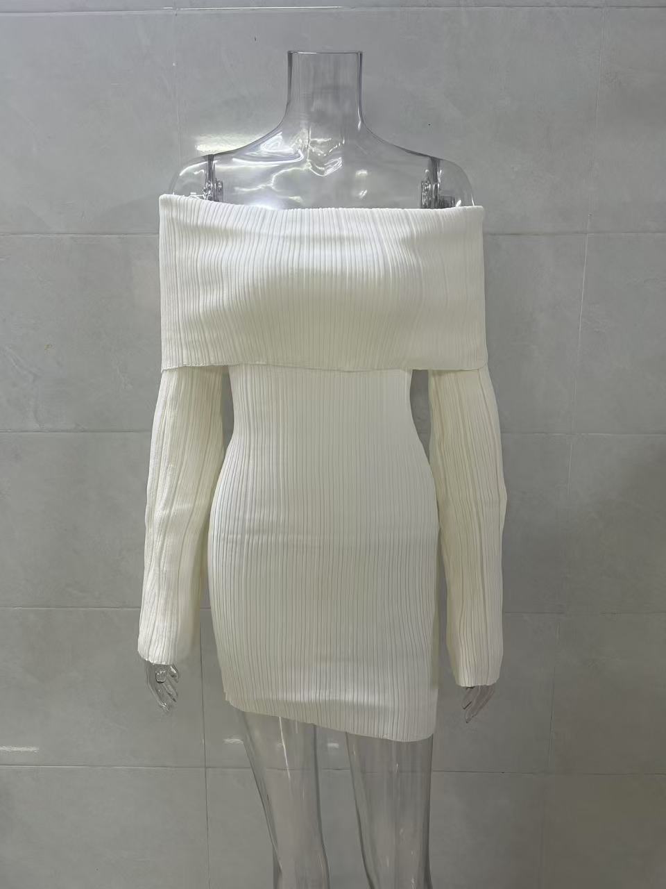 Women White Off‑The‑Shoulder Long Sleeve Knit Mini Dress, Fold Over Boat Neck Ribbed Bodycon Sweater Dress, Sexy Slim Fit Party Short Dress view 6