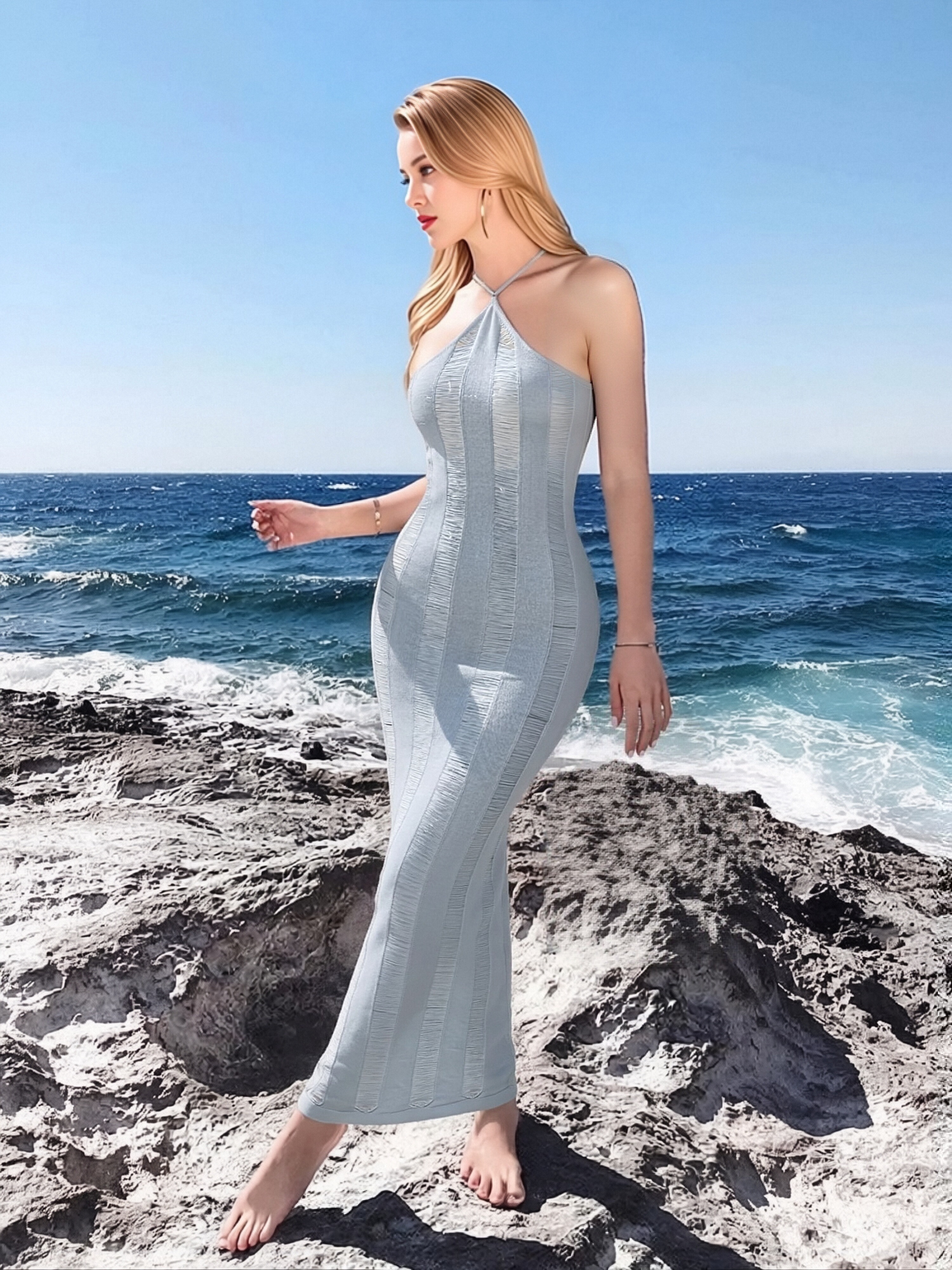 Women Light Gray Halter Neck Vertical Striped Knit Midi Dress, Sleeveless Backless Bodycon Maxi Dress, Slim Fit Textured Ribbed Knit Long Dress for Beach Vacation