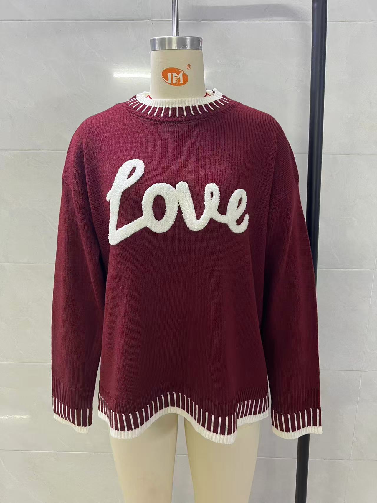 Women LOVE Letter Embroidery Knit Sweater, Contrast Stripe Crew Neck Long Sleeve Pullover, Loose Casual Drop‑Shoulder Knit Jumper view 6