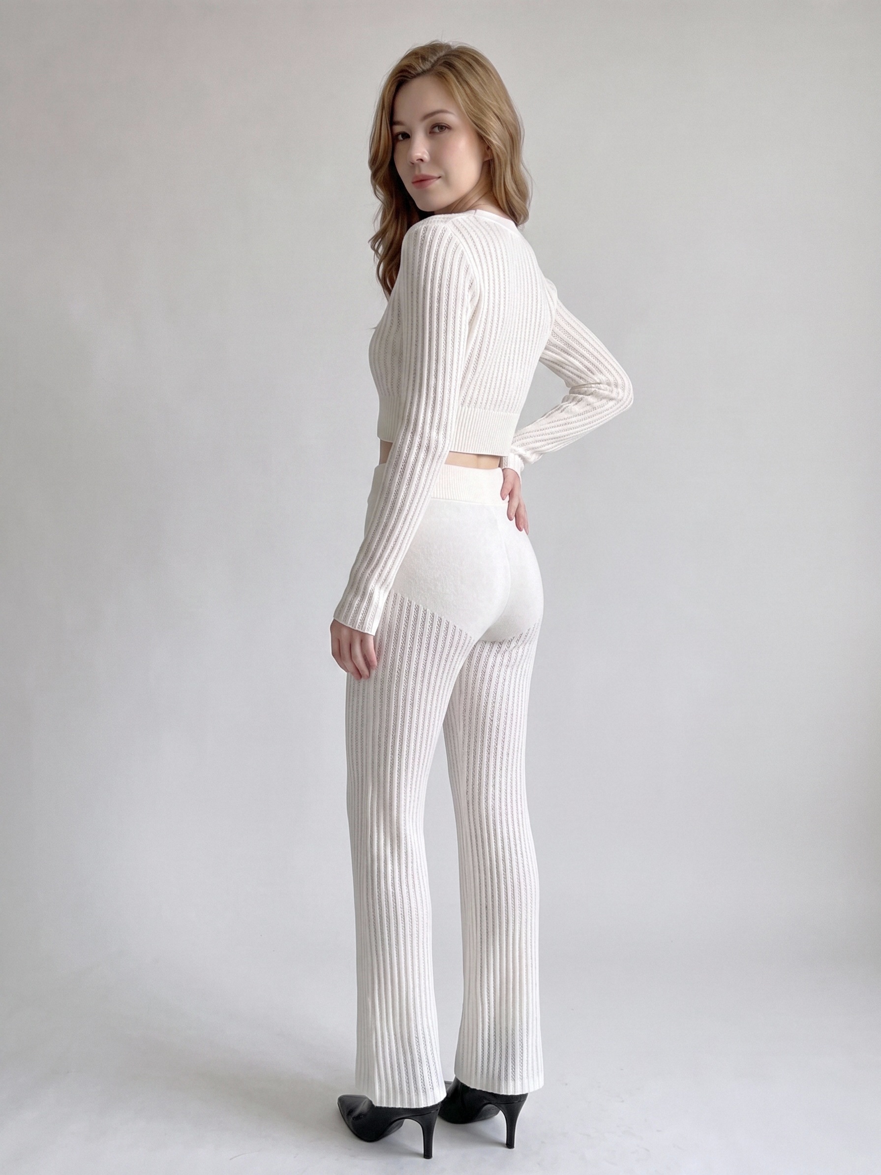 Women White Hollow Rib Knit 2 Piece Loungewear Set, V-Neck Button Long Sleeve Cropped Cardigan + High Waist Flared Knit Pants, Elegant Casual Matching Outfit view 3