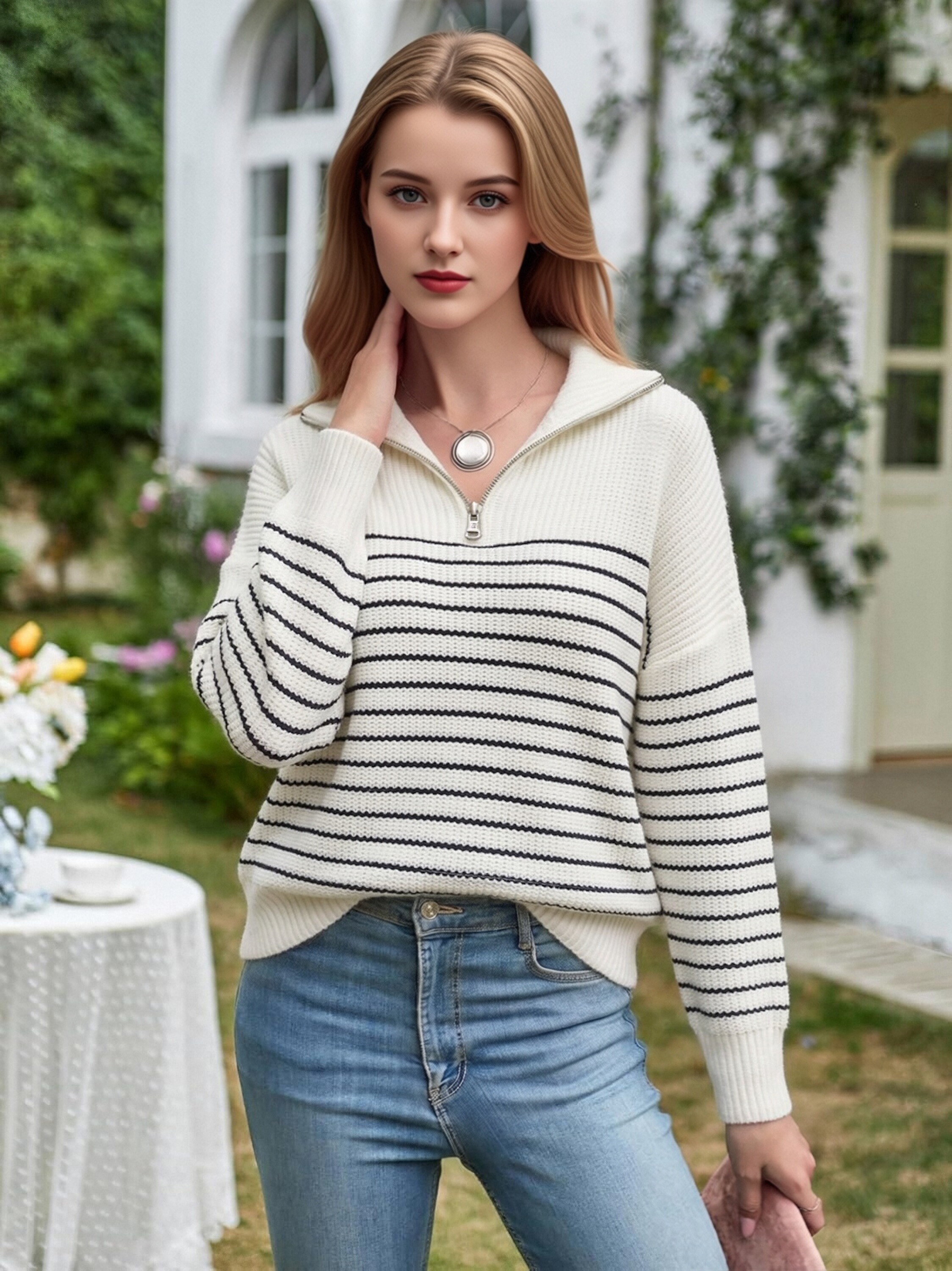 Women Half Zip Collar Striped Knit Sweater, Loose Drop Shoulder Waffle Knit Long Sleeve Pullover, Casual Black White Stripe Quarter Zip Jumper view 6