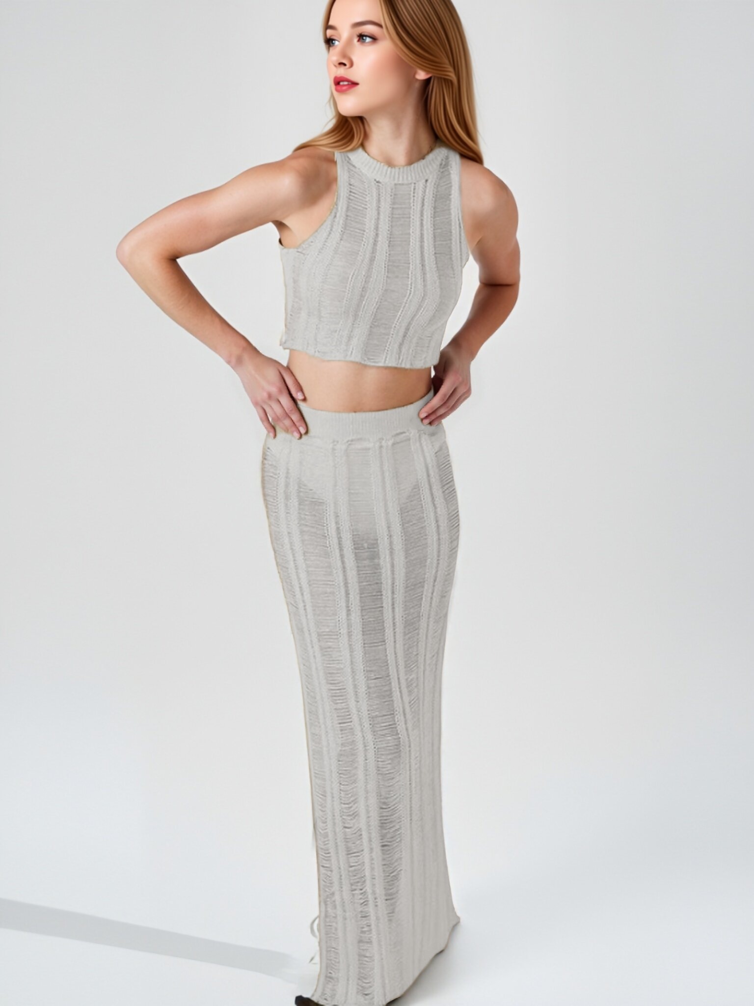 Women Hollow Knit Two‑Piece Outfit, Sleeveless Mock Neck Crop Tank Top + High Waist Slit Maxi Skirt Set, Sheer Mesh See‑Through Matching Suit view 3