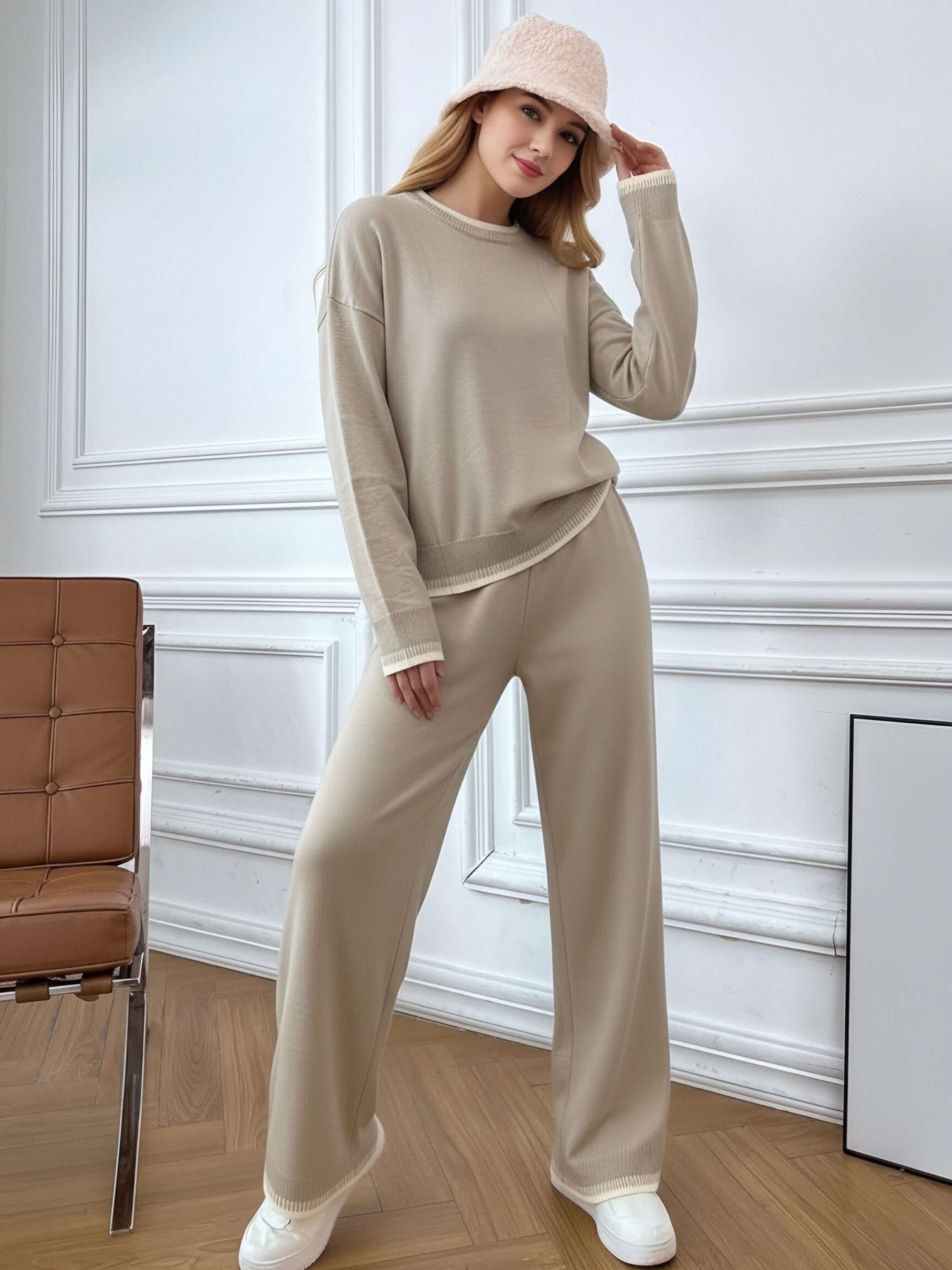 Women Contrast Stitch Knit Two Piece Outfit, Loose Crew Neck Long Sleeve Sweater & Wide Leg Pants Loungewear Set, Casual Soft Knitted Tracksuit view 6