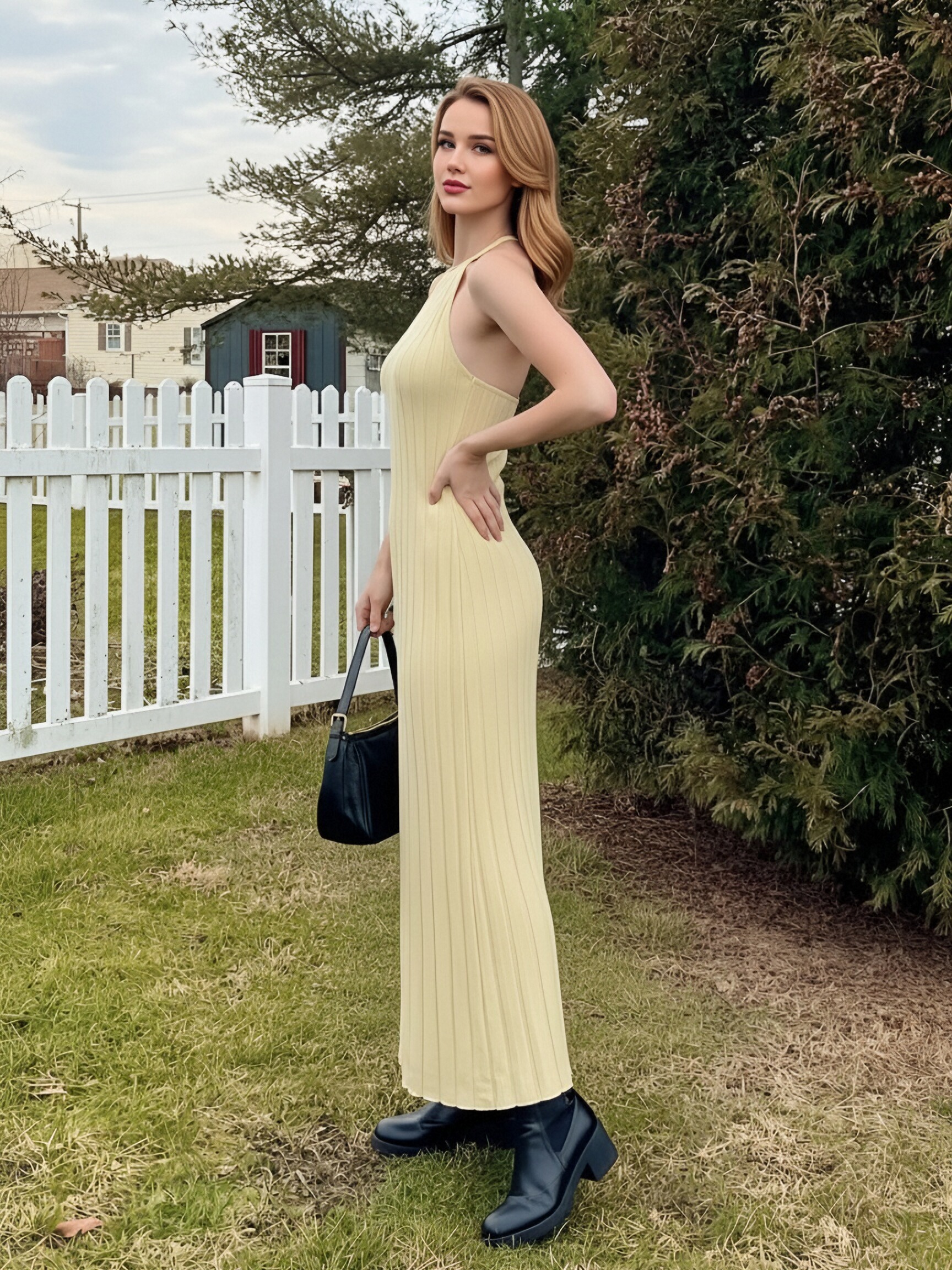 Women Halter Vertical Rib Knit Maxi Dress Sleeveless Bodycon Flared Hem Long Dress Solid Color Elegant Slim Vacation Dress view 4