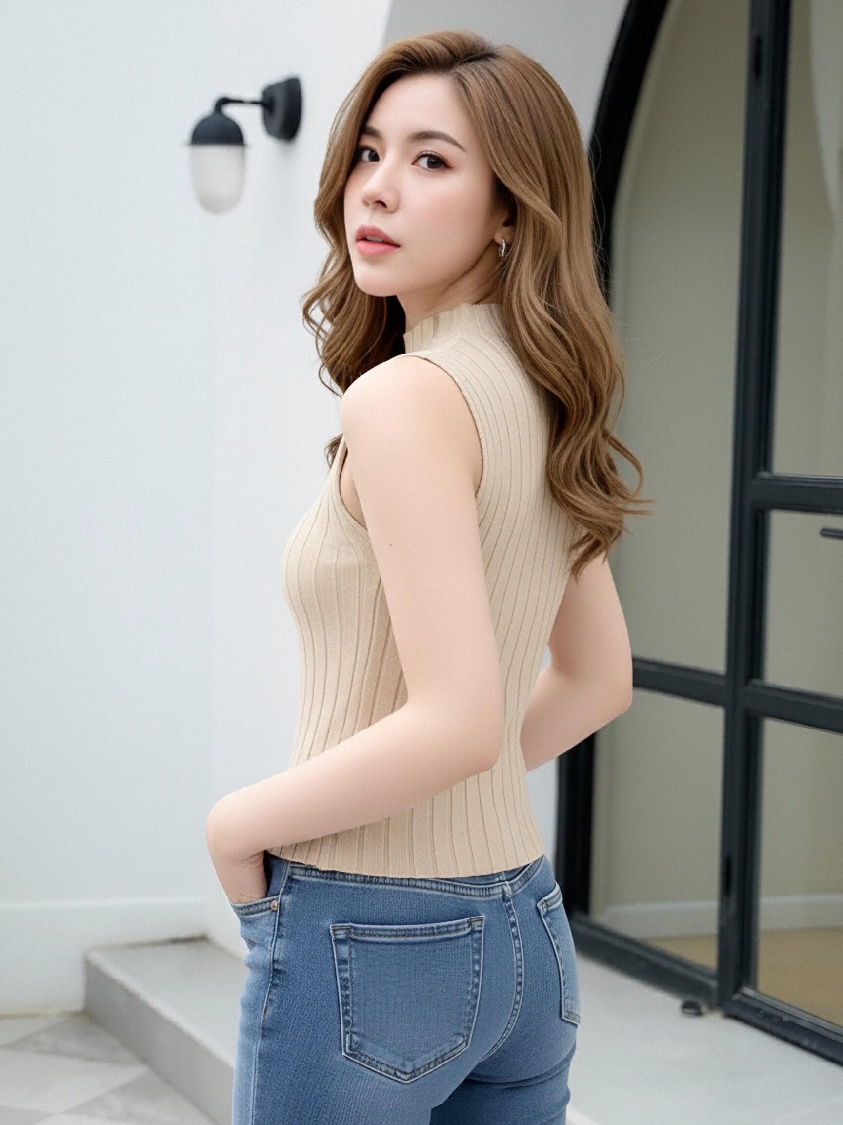 Women Wavy Trim Mock Neck Sleeveless Ribbed Knit Tank Top, Slim Fitted Solid Color Basic Layering Camisole, Spring Autumn All Match Inner Vest view 9