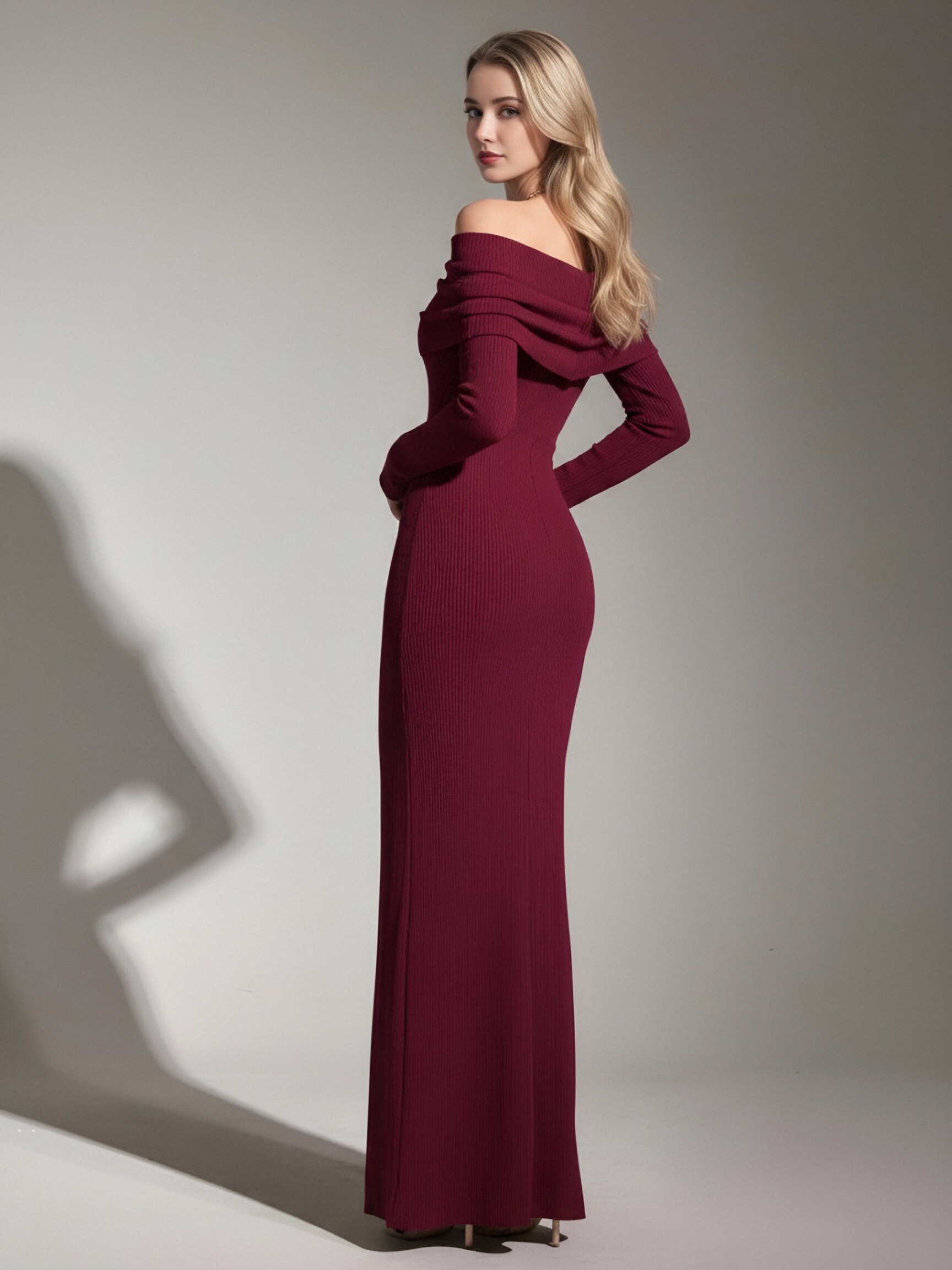 Off Shoulder Fold Over Ribbed Knit Maxi Dress Long Sleeve Bodycon Mermaid Evening Party Gown view 8