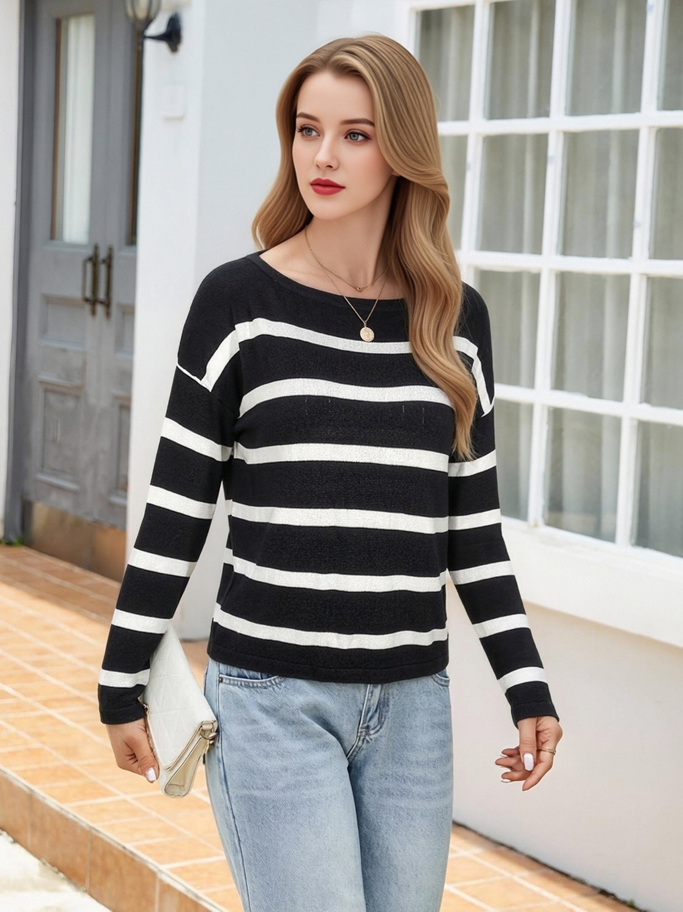 Women Boat Neck Black White Striped Knit Top, Loose Drop Shoulder Long Sleeve Casual Lightweight Sweater Pullover view 2
