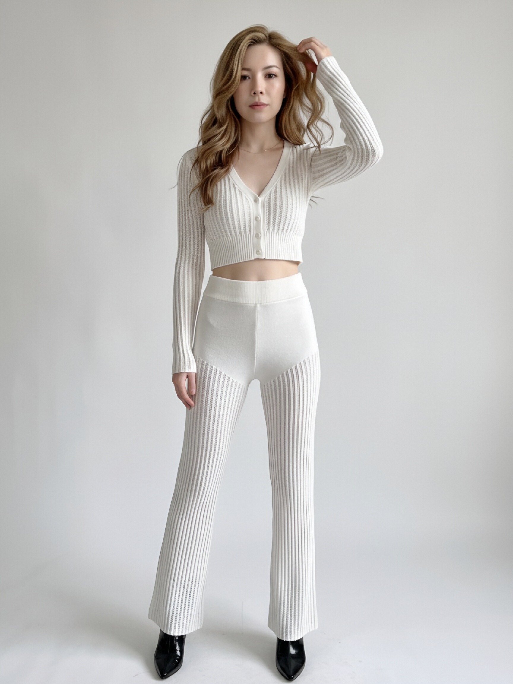 Women White Hollow Rib Knit 2 Piece Loungewear Set, V-Neck Button Long Sleeve Cropped Cardigan + High Waist Flared Knit Pants, Elegant Casual Matching Outfit