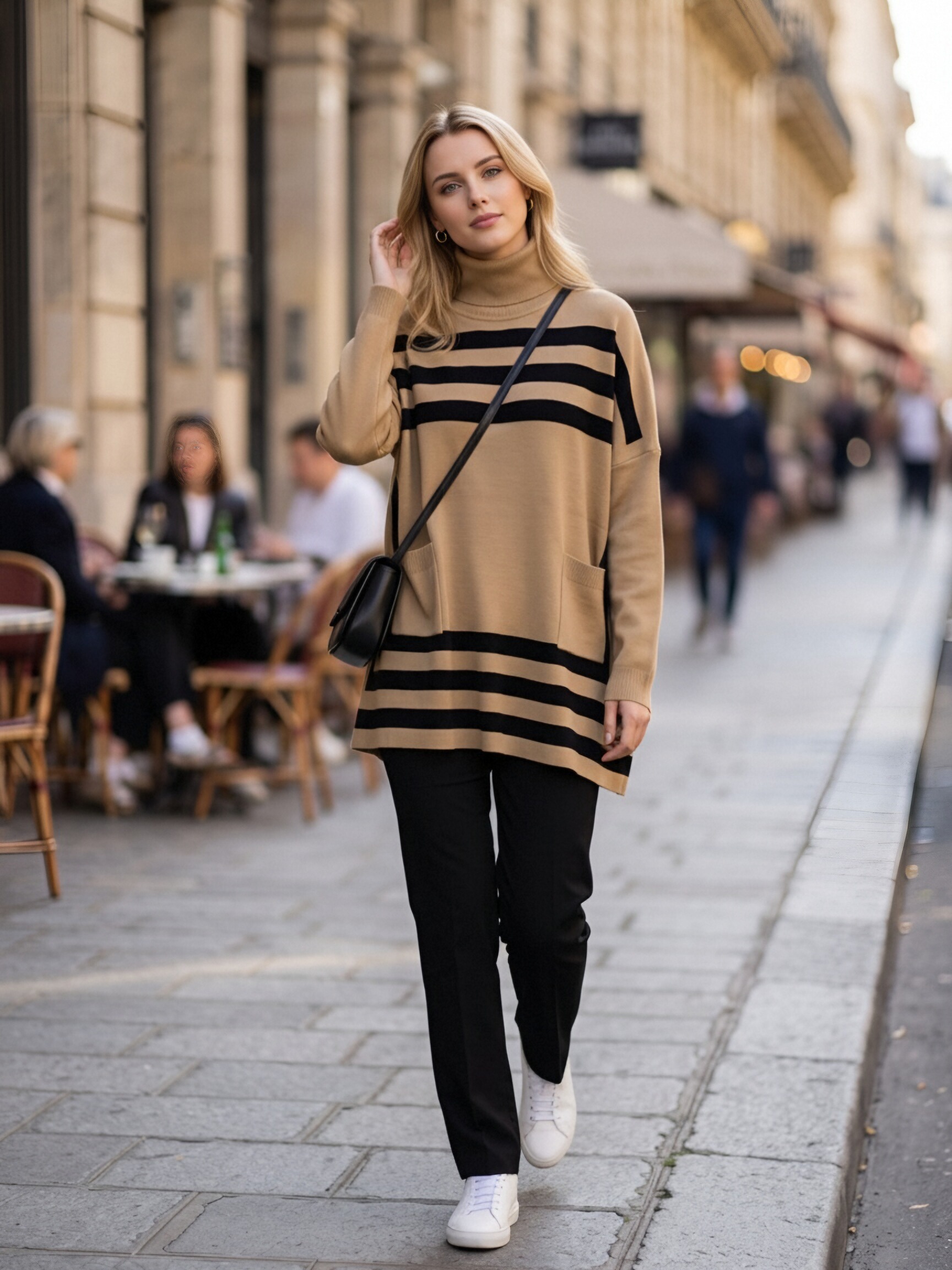 508 Women Turtleneck Striped Oversized Knit Sweater, Long Sleeve Loose Tunic Sweater Top With Pockets, Casual Side Slit Pullover view 3