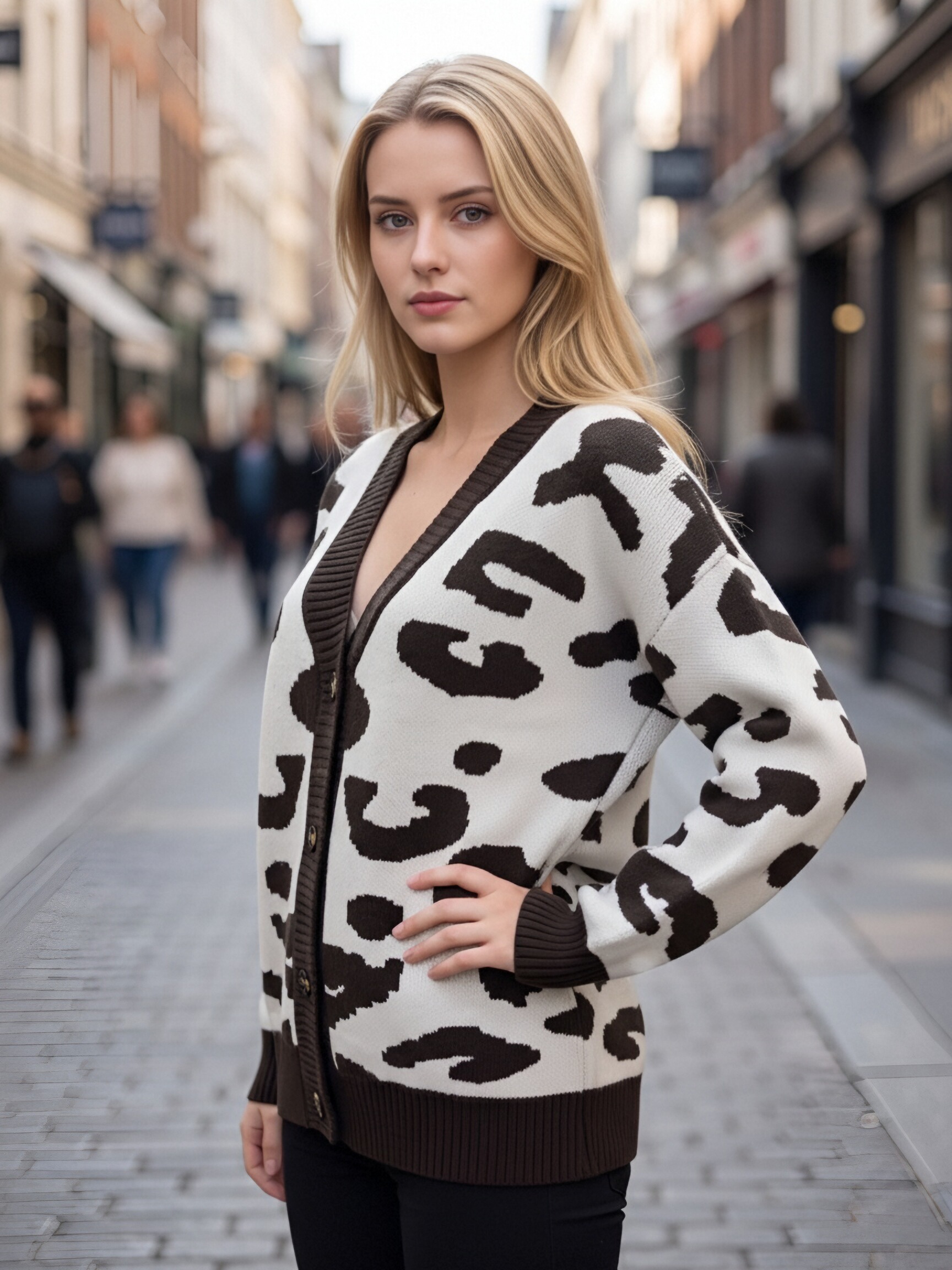15309 Women Leopard Print V Neck Knit Cardigan, Long Sleeve Button Down Loose Knitted Sweater Coat, Casual Streetwear Leopard Knit Outerwear For Fall Winter view 4