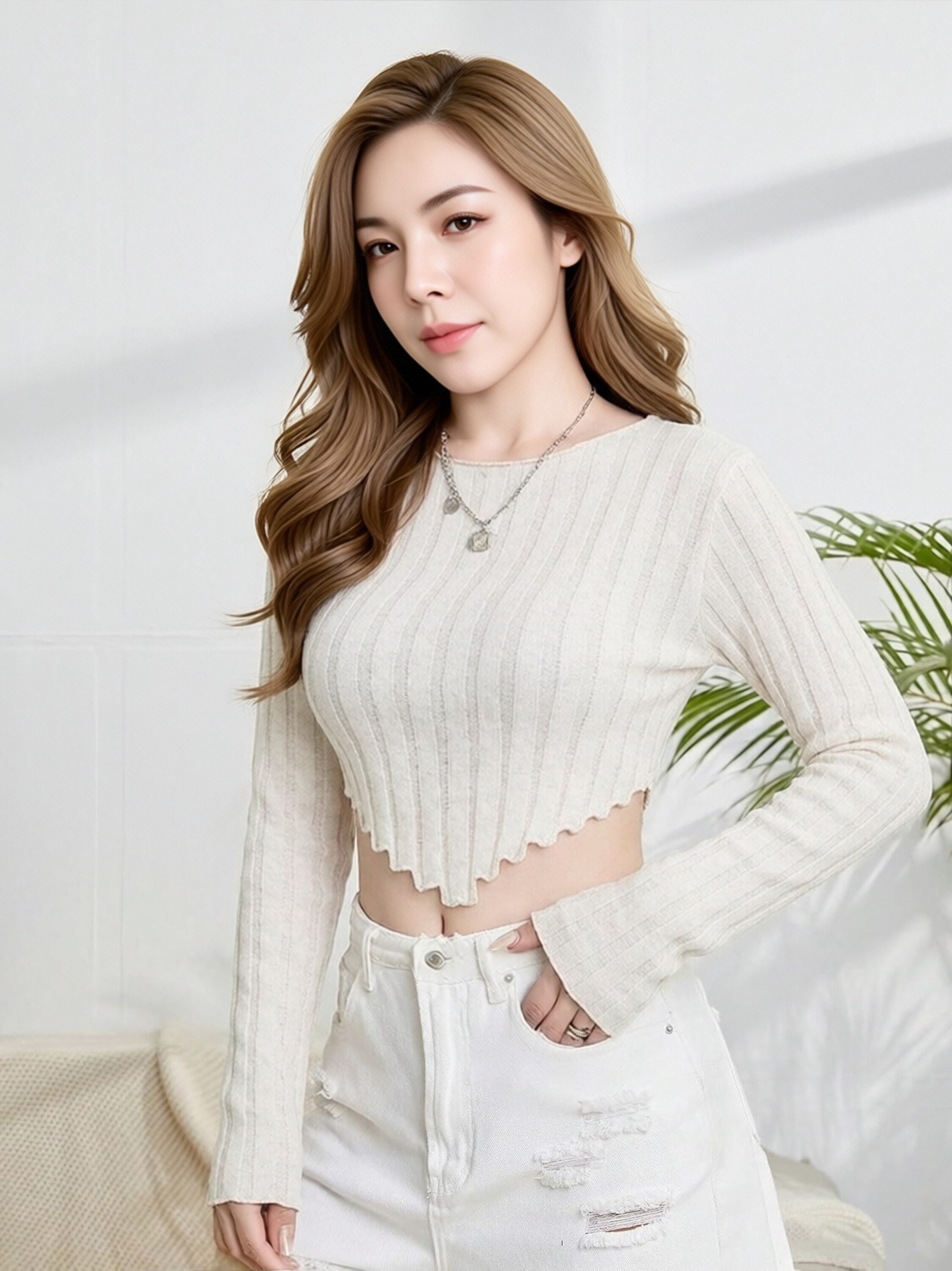 Women Cream Vertical Ribbed Long Sleeve Crop Knit Top, Round Neck Scalloped Irregular Hem Slim Fitted Y2K Going Out Camisole