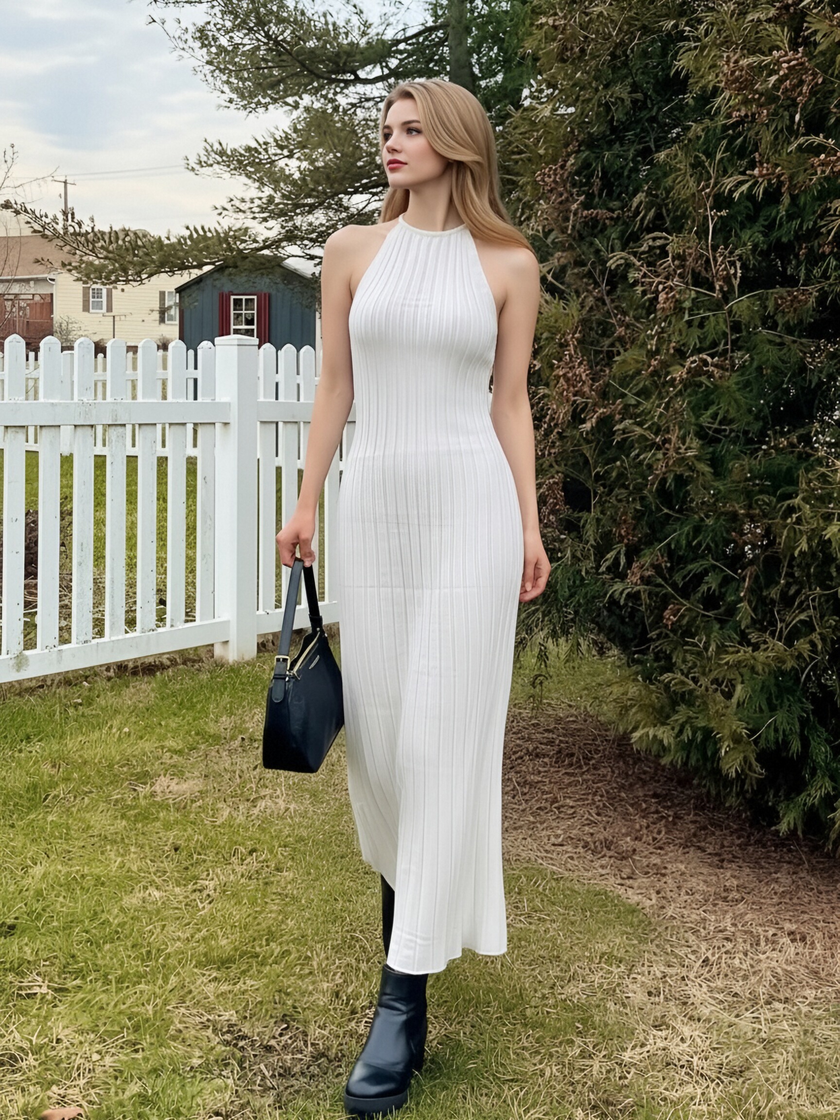 Women Halter Vertical Rib Knit Maxi Dress Sleeveless Bodycon Flared Hem Long Dress Solid Color Elegant Slim Vacation Dress view 2