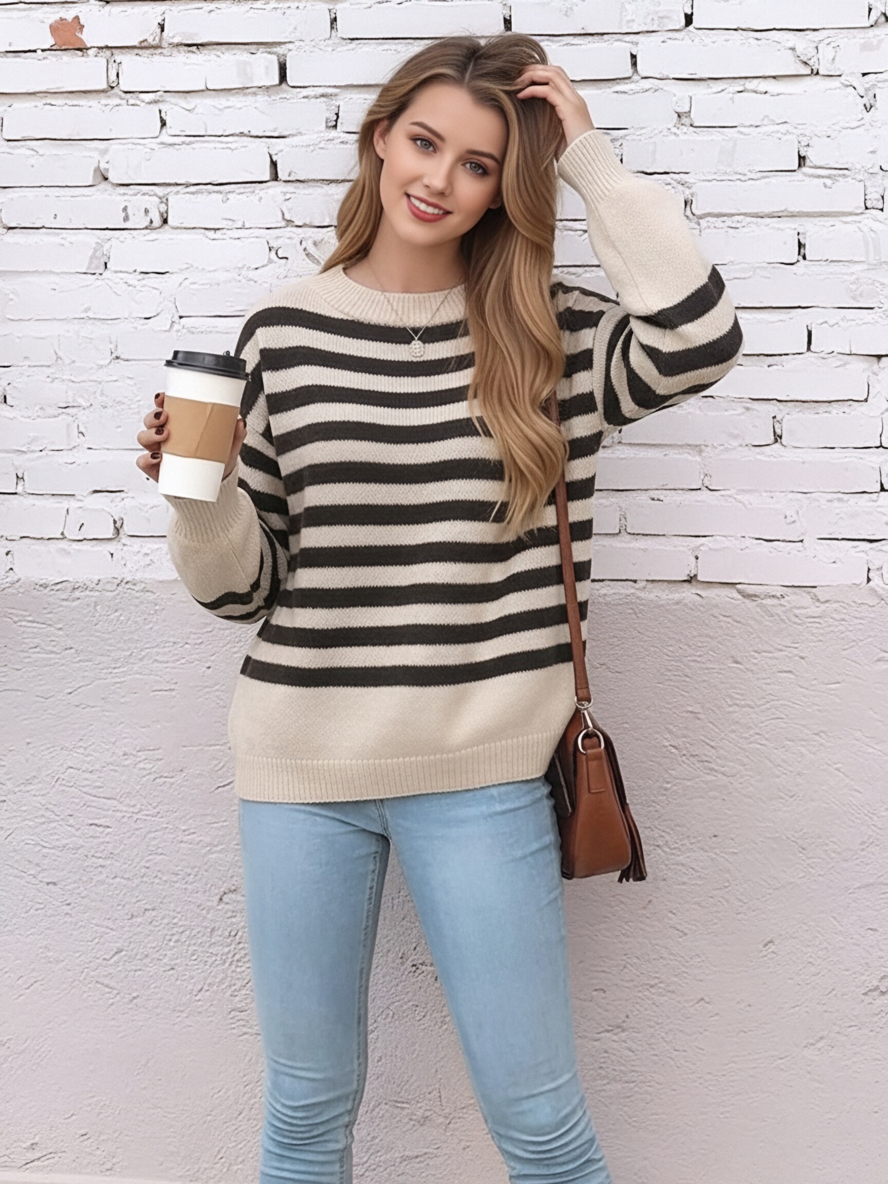 Women Crew Neck Striped Knit Sweater, Loose Drop Shoulder Long Sleeve Color Block Stripe Pullover Jumper, Casual Oversized Soft Knit Top for Autumn Winter view 4