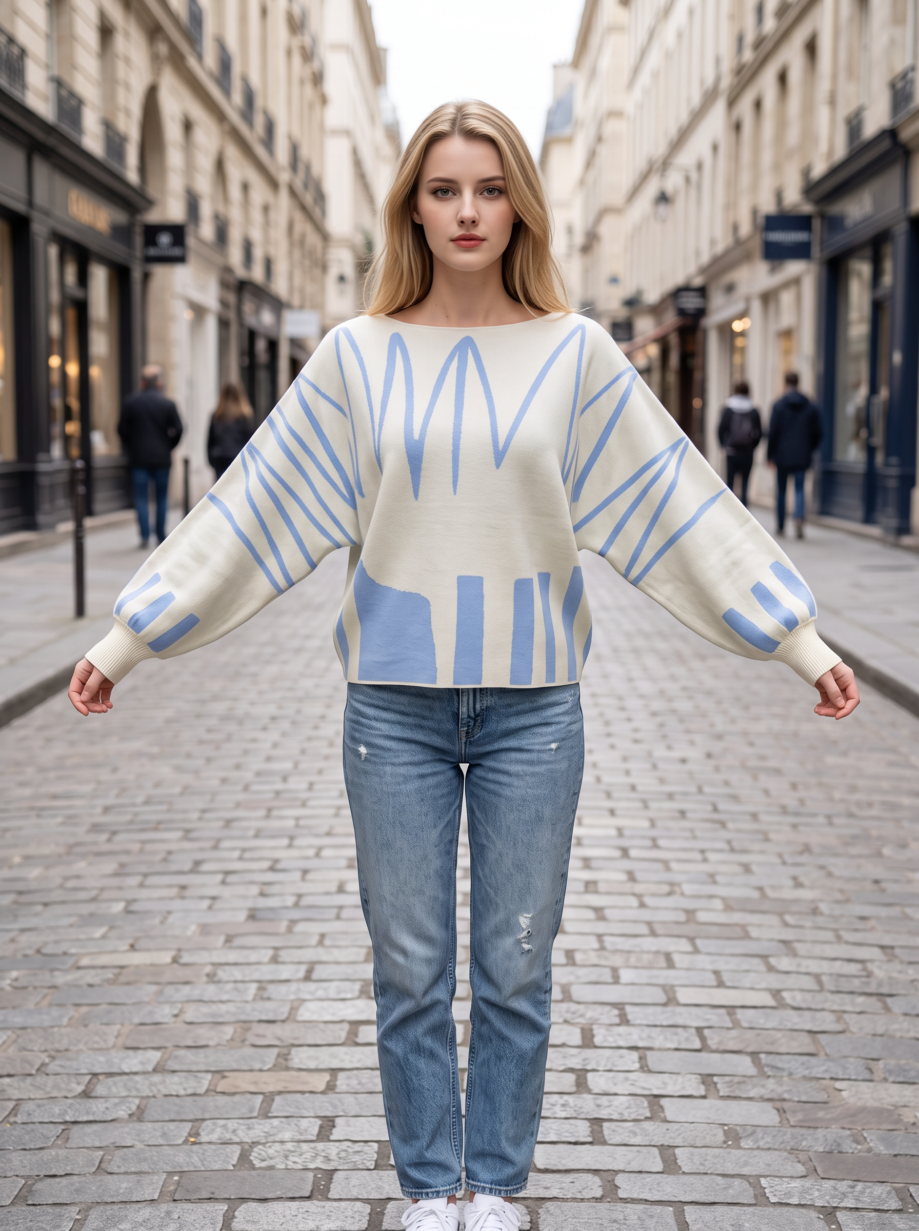 509 Women Boat Neck Abstract Geometric Print Knit Sweater, Lantern Long Sleeve Loose Drop‑Shoulder Pullover, Casual Cropped Knit Top
