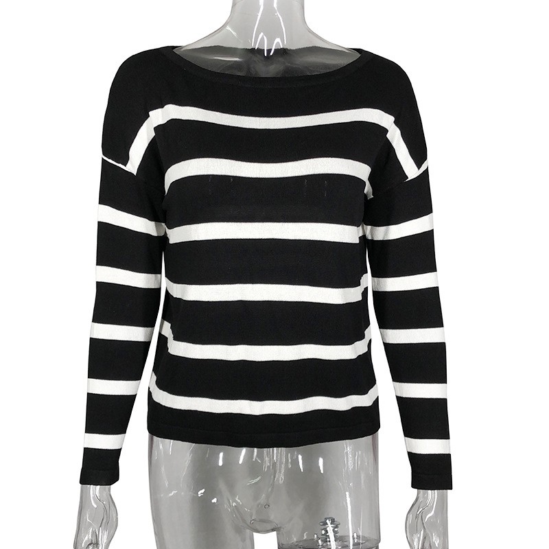 Women Boat Neck Black White Striped Knit Top, Loose Drop Shoulder Long Sleeve Casual Lightweight Sweater Pullover view 6