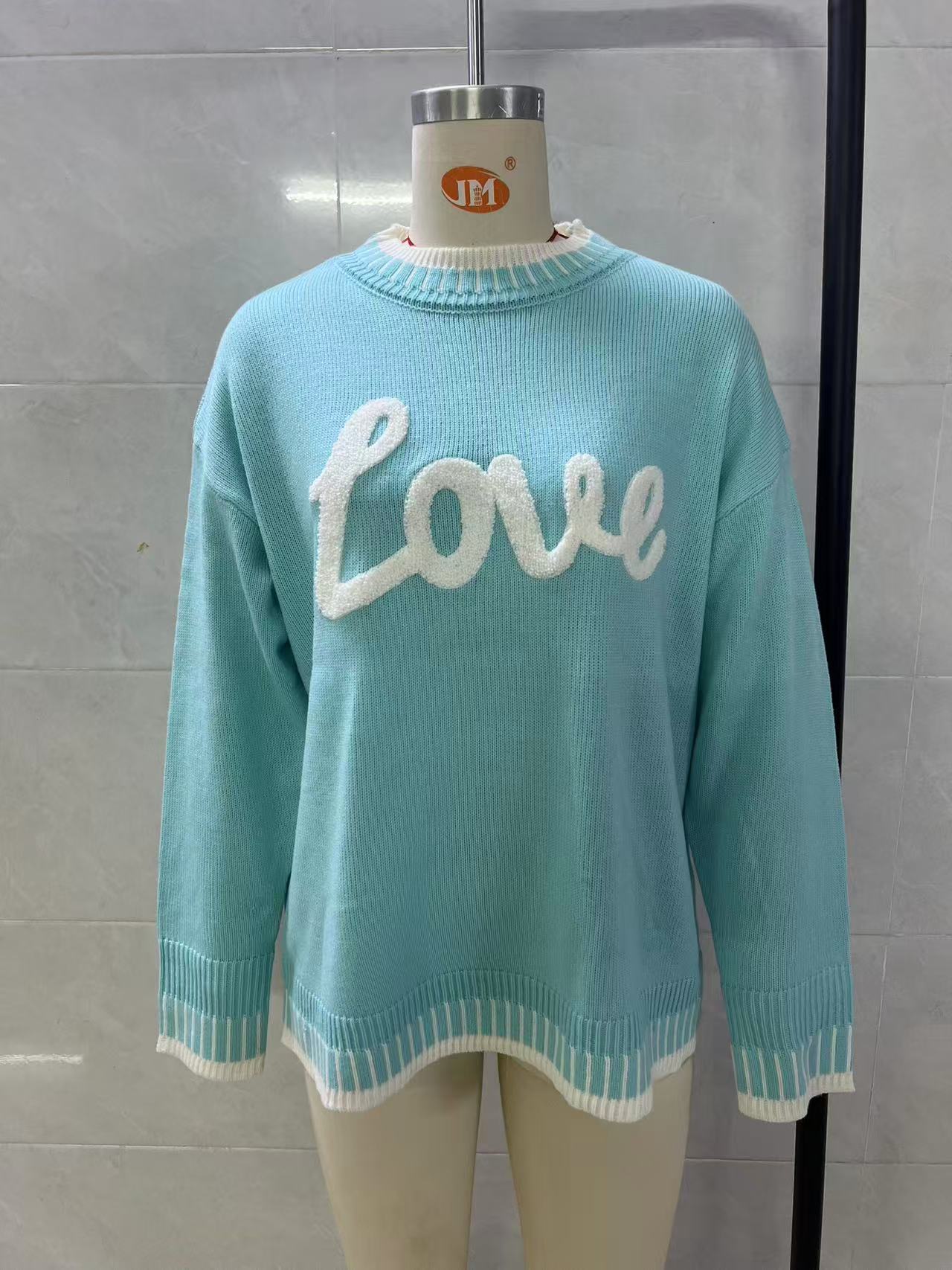 Women LOVE Letter Embroidery Knit Sweater, Contrast Stripe Crew Neck Long Sleeve Pullover, Loose Casual Drop‑Shoulder Knit Jumper view 7