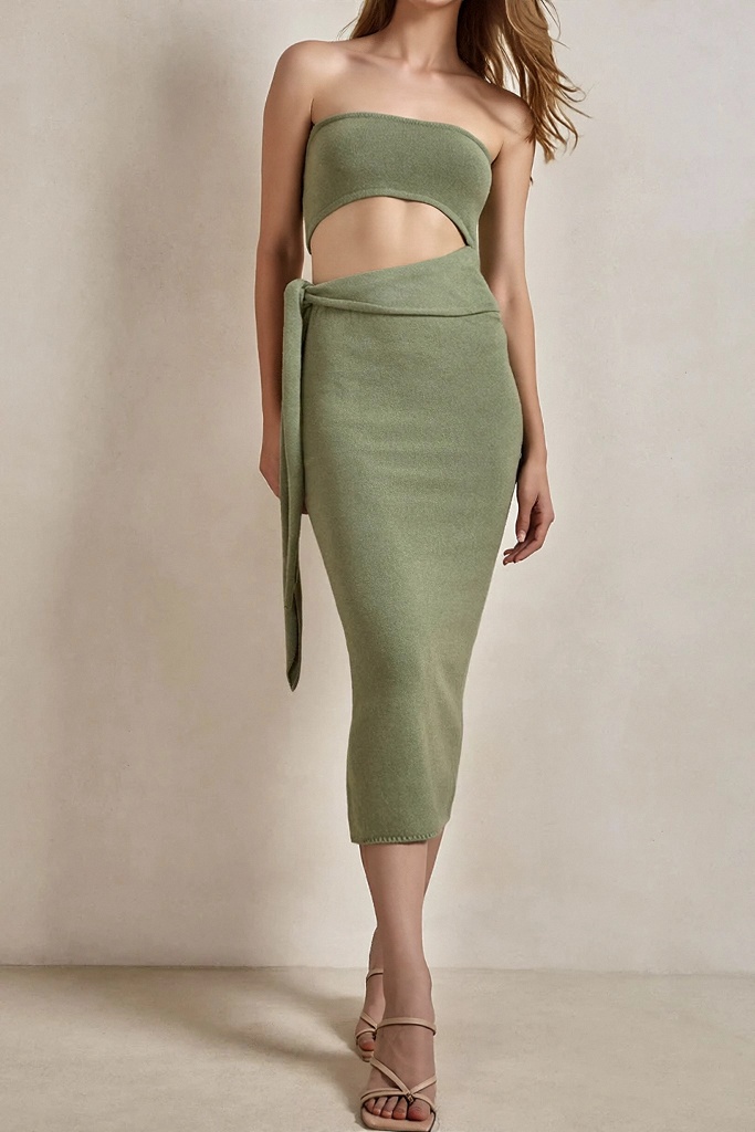 Women 2 Piece Knit Matching Set Strapless Tube Crop Top Wrap Tie Waist Back Cutout Split Midi Skirt Bodycon Vacation Outfit view 4