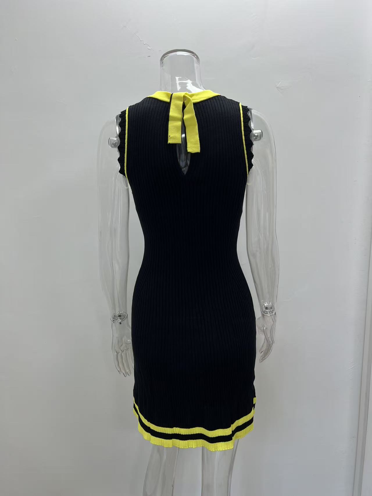 Women Sleeveless Ribbed Knit Bodycon Mini Dress, Color‑Block Trim Tie Neck Hollow Out Tank Short Dress, Y2K Casual Party Pencil Dress view 15