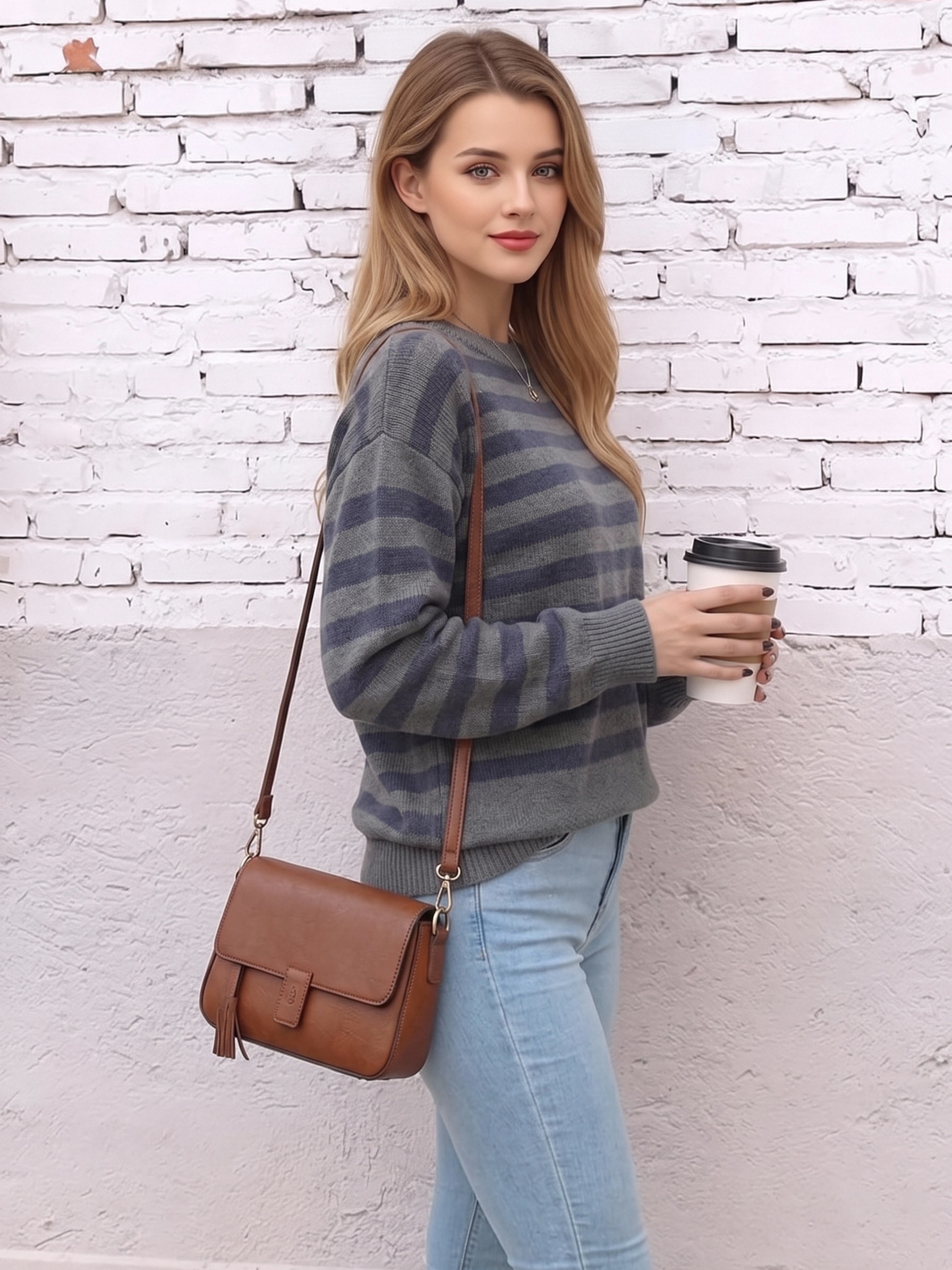 Women Crew Neck Striped Knit Sweater, Loose Drop Shoulder Long Sleeve Color Block Stripe Pullover Jumper, Casual Oversized Soft Knit Top for Autumn Winter view 6
