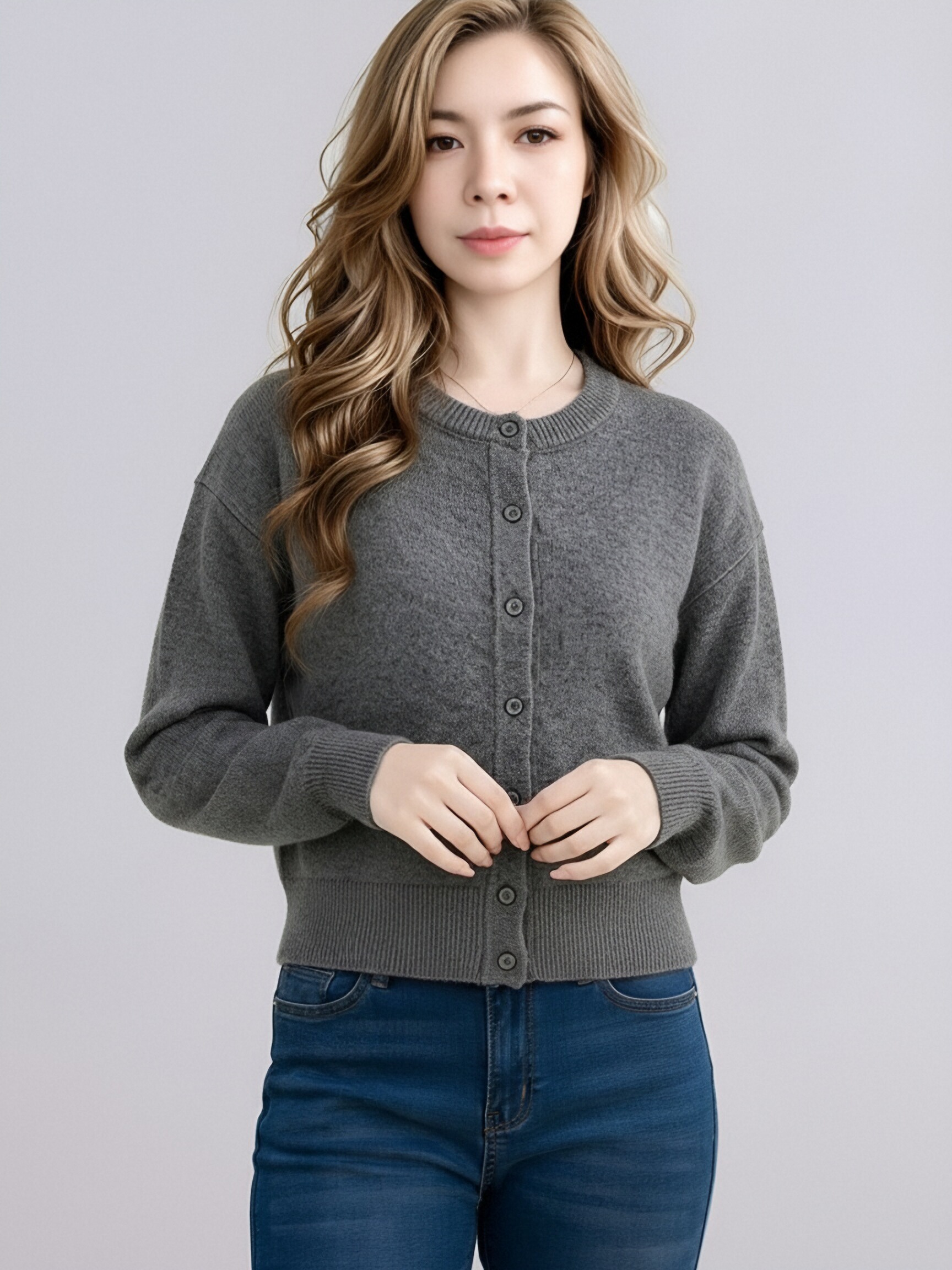 819 Women Crew Neck Button Knit Cardigan, Long Sleeve Solid Color Cropped Knit Sweater Coat, Casual Loose Soft Knit Outerwear For Spring Fall Multiple Colors view 7