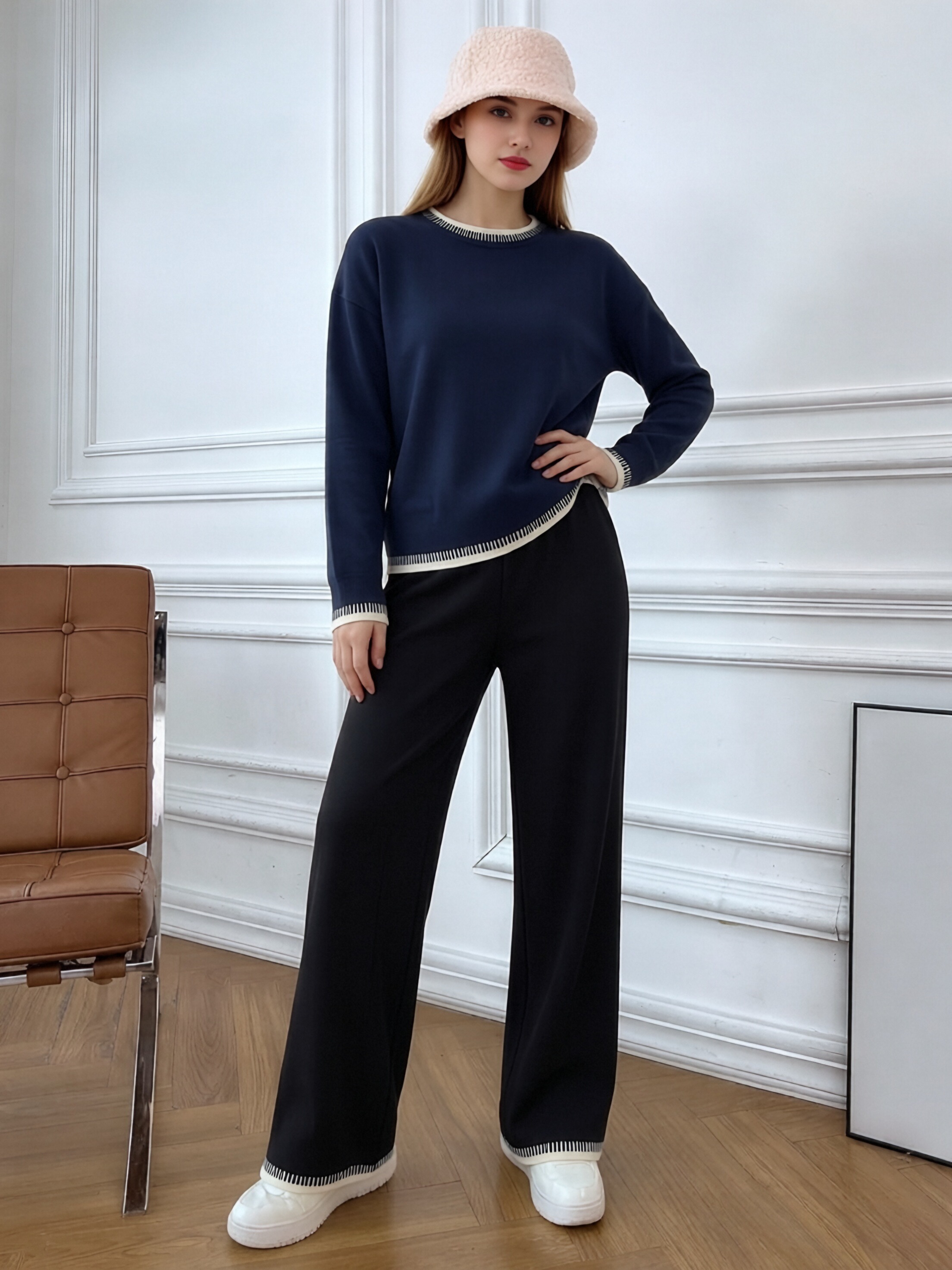 Women Contrast Stitch Knit Two Piece Outfit, Loose Crew Neck Long Sleeve Sweater & Wide Leg Pants Loungewear Set, Casual Soft Knitted Tracksuit view 2