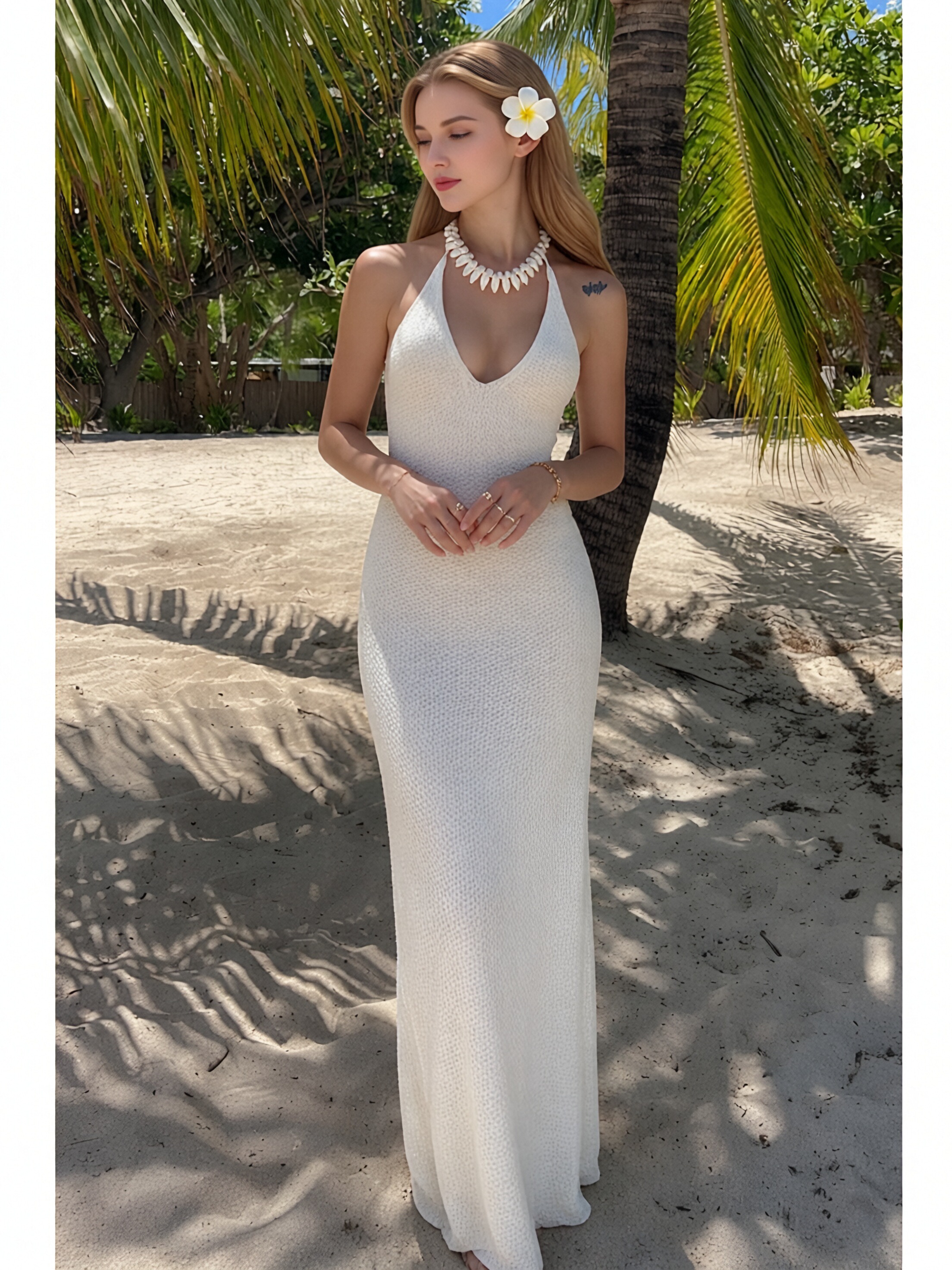 Women White Halter V‑Neck Maxi Dress, Backless Tie‑Up Bodycon Long Dress, Textured Knit Beach Vacation Party Evening Gown view 3