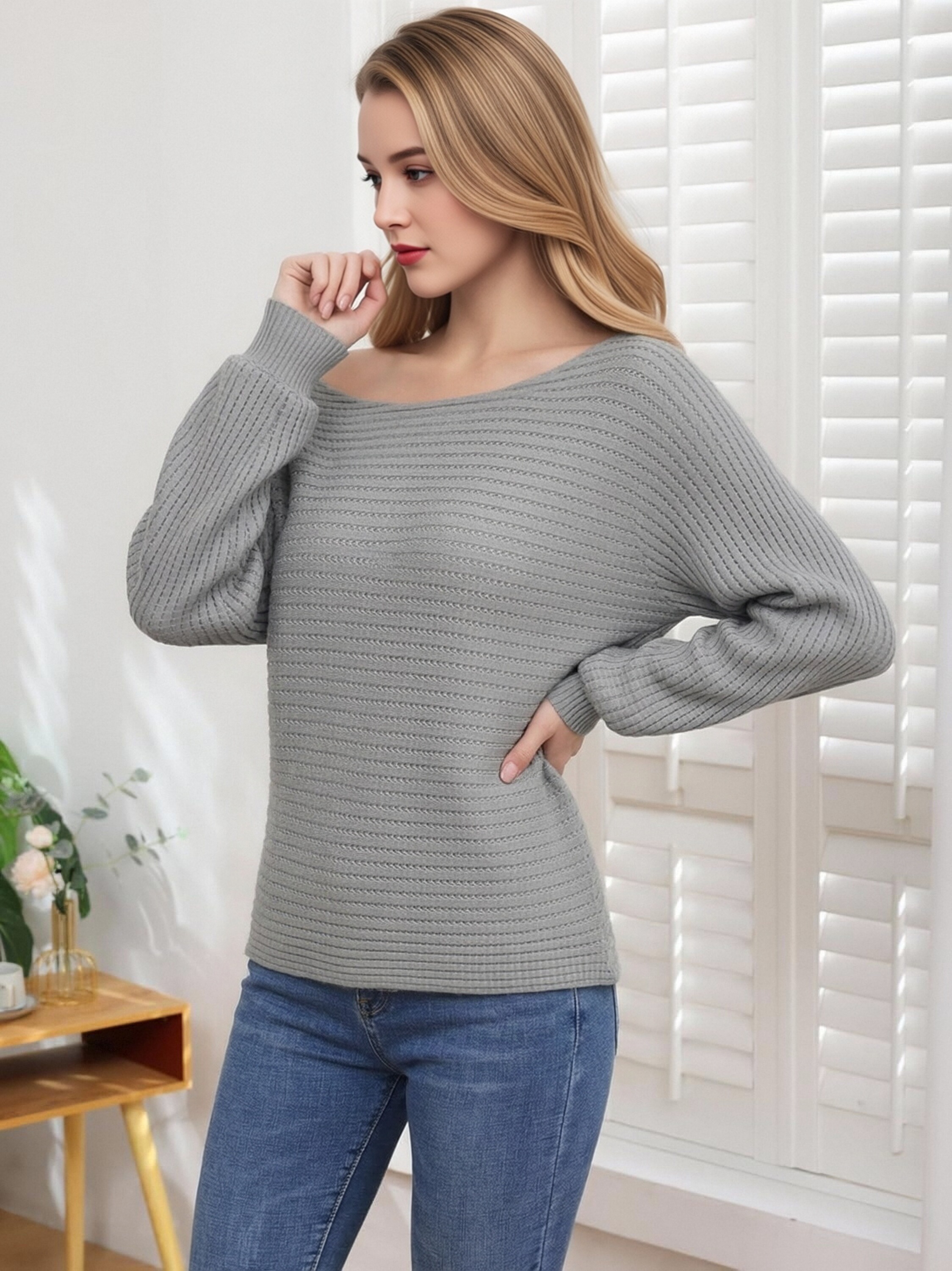 Women Gray Off Shoulder Batwing Sleeve Knit Sweater, Loose Horizontal Hollow Ribbed Knit Top, Boat Neck Solid Color Casual Drop Shoulder Knit Pullover for Autumn Daily Wear view 4