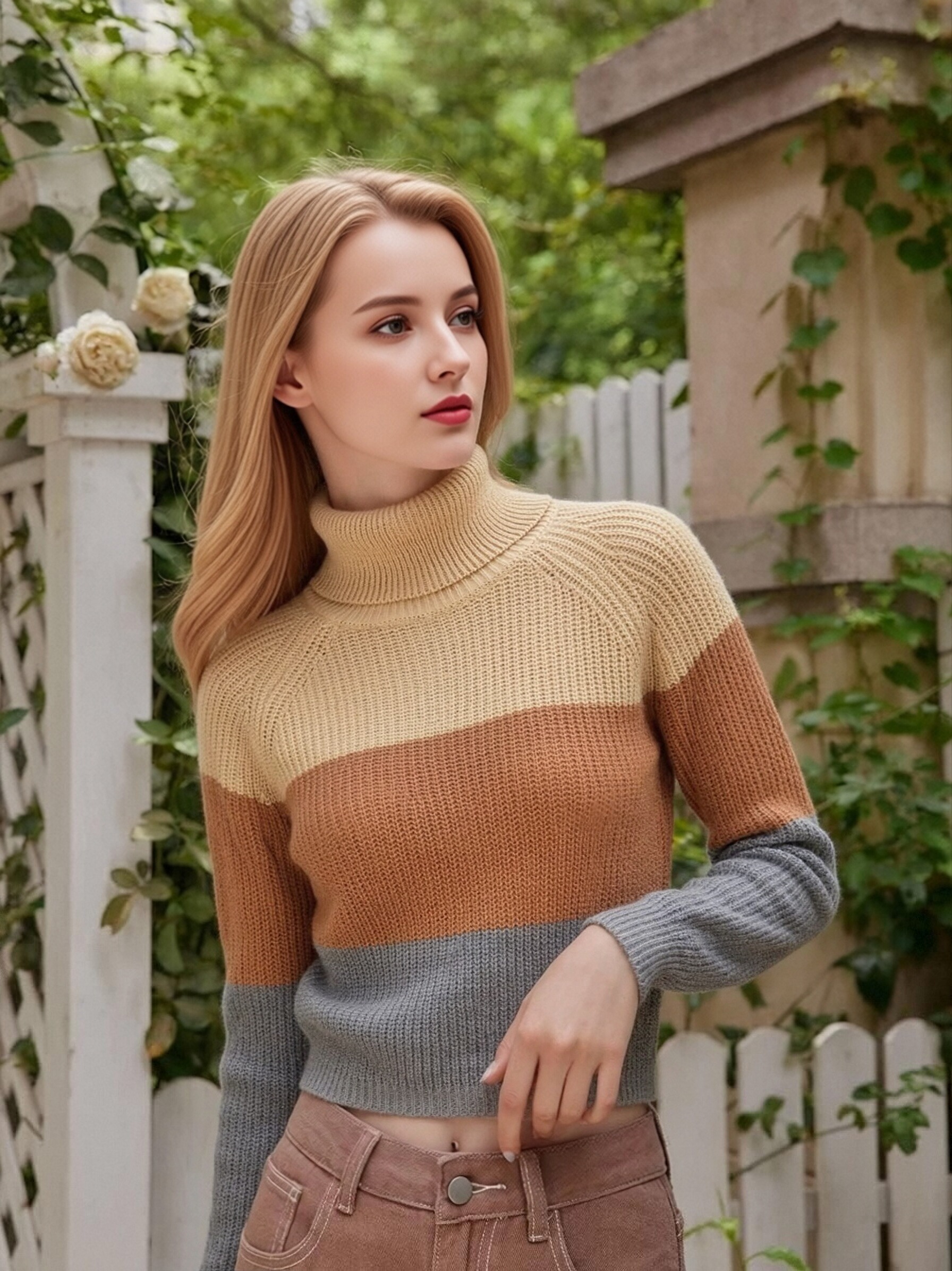 Women Turtleneck Color Block Striped Knit Sweater, Khaki Caramel Gray Patchwork Ribbed Cropped Pullover, Loose Drop Shoulder Long Sleeve Retro Fall Knit Top view 5