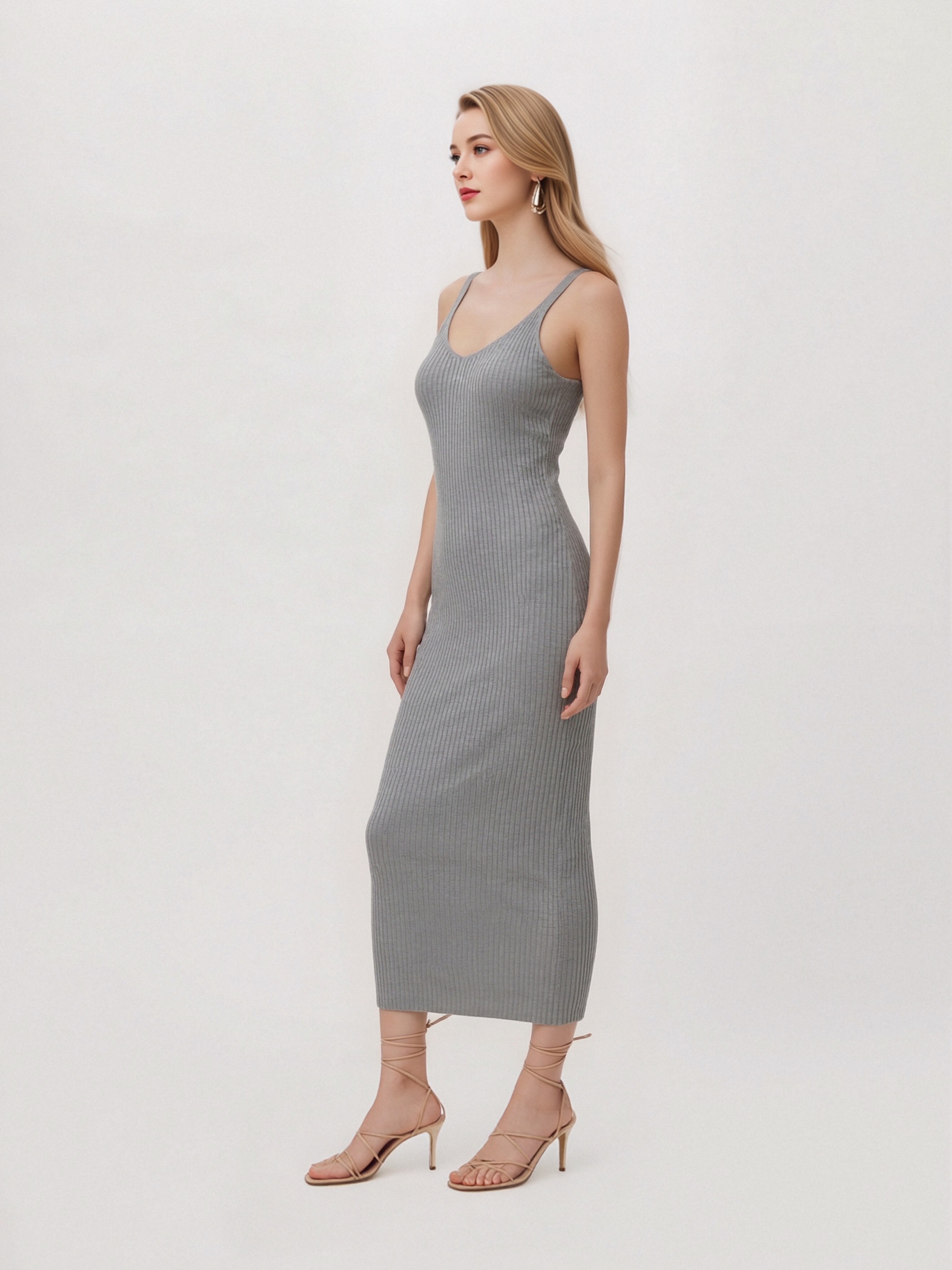 Women Deep Backless Ribbed Knit Midi Dress, Slim Spaghetti Strap Bodycon Sleeveless Mid-Calf Dress, Minimalist Gray V-Back Stretch Knit Cami Dress view 4