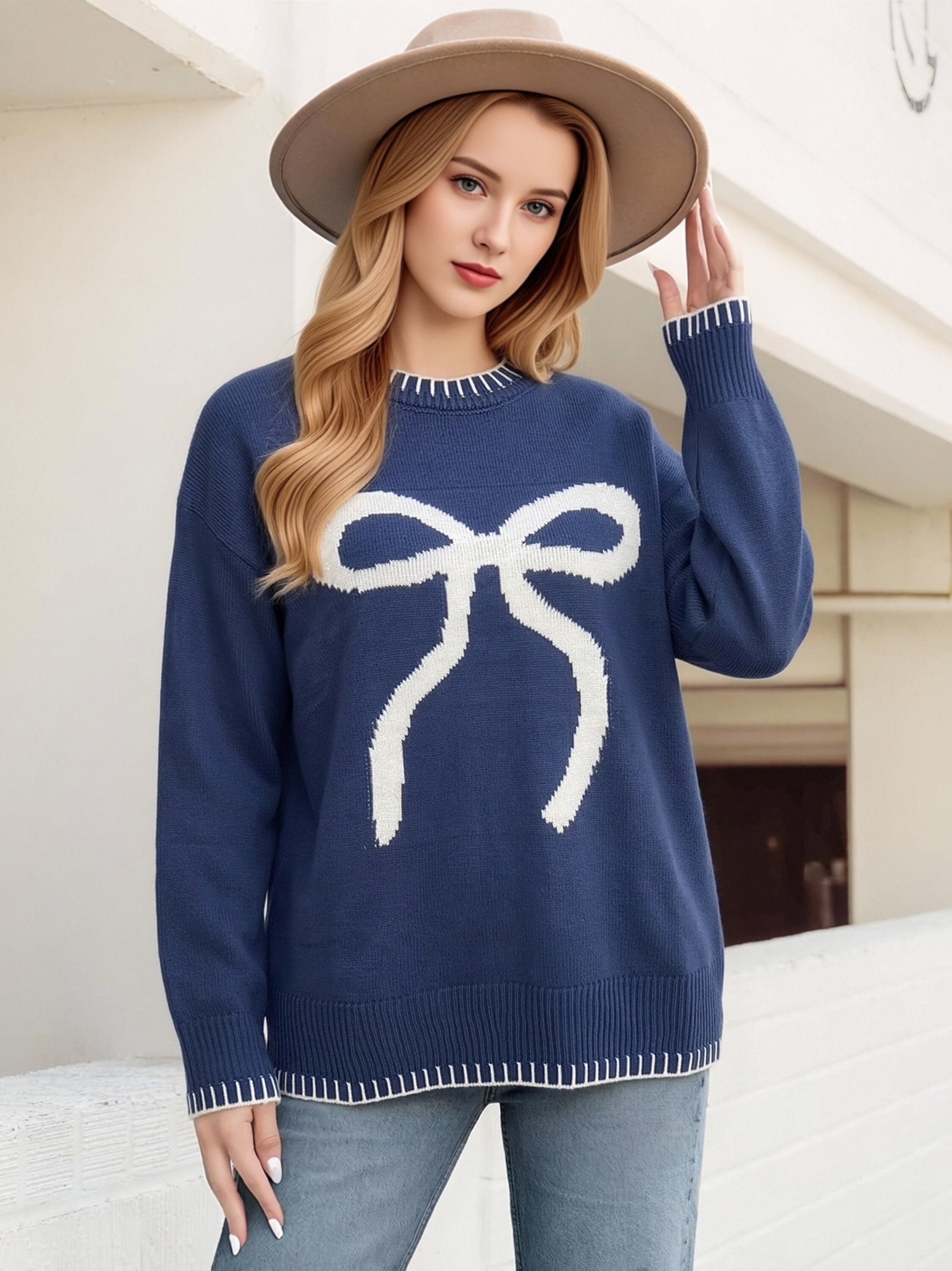 Women Oversized Crew Neck Knit Sweater Cute Big Bow Pattern Contrast Stitch Long Sleeve Loose Pullover Casual Daily Knit Top view 9