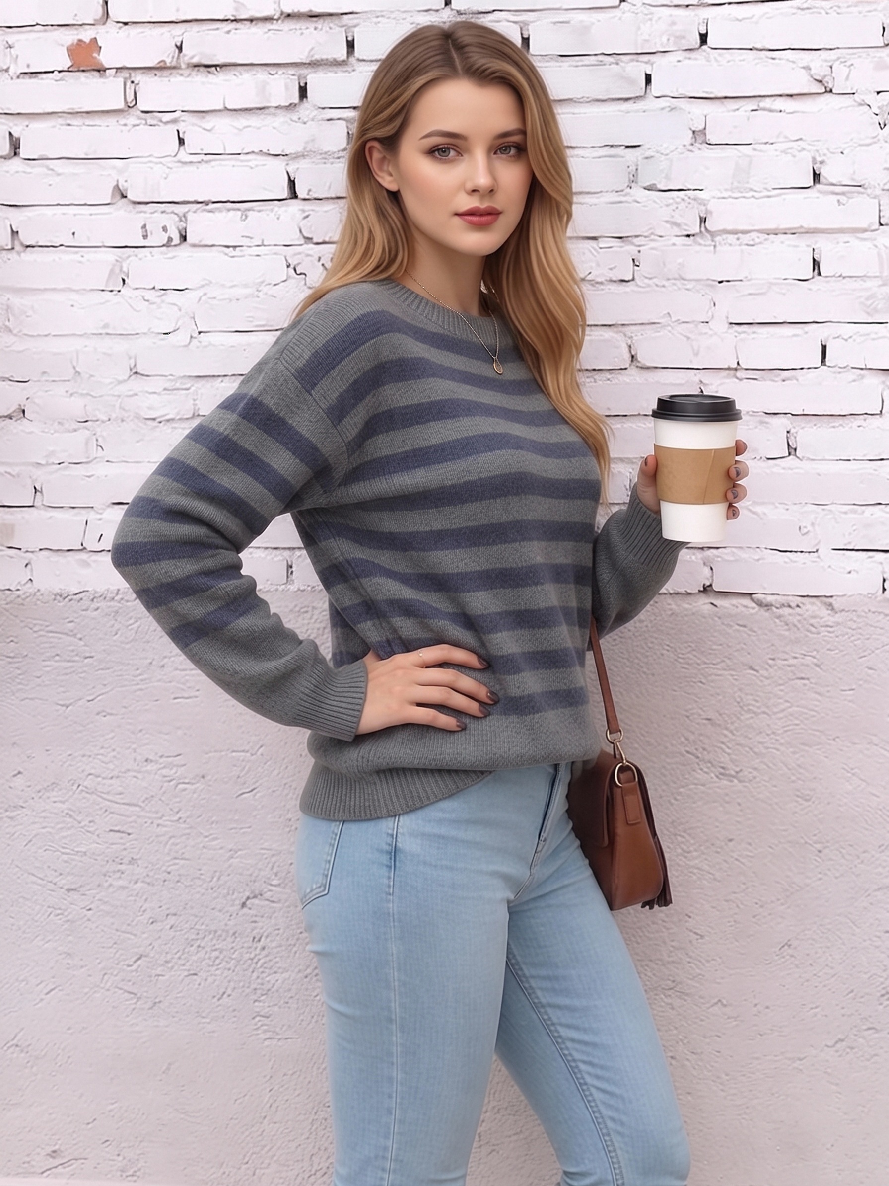 Women Crew Neck Striped Knit Sweater, Loose Drop Shoulder Long Sleeve Color Block Stripe Pullover Jumper, Casual Oversized Soft Knit Top for Autumn Winter view 8