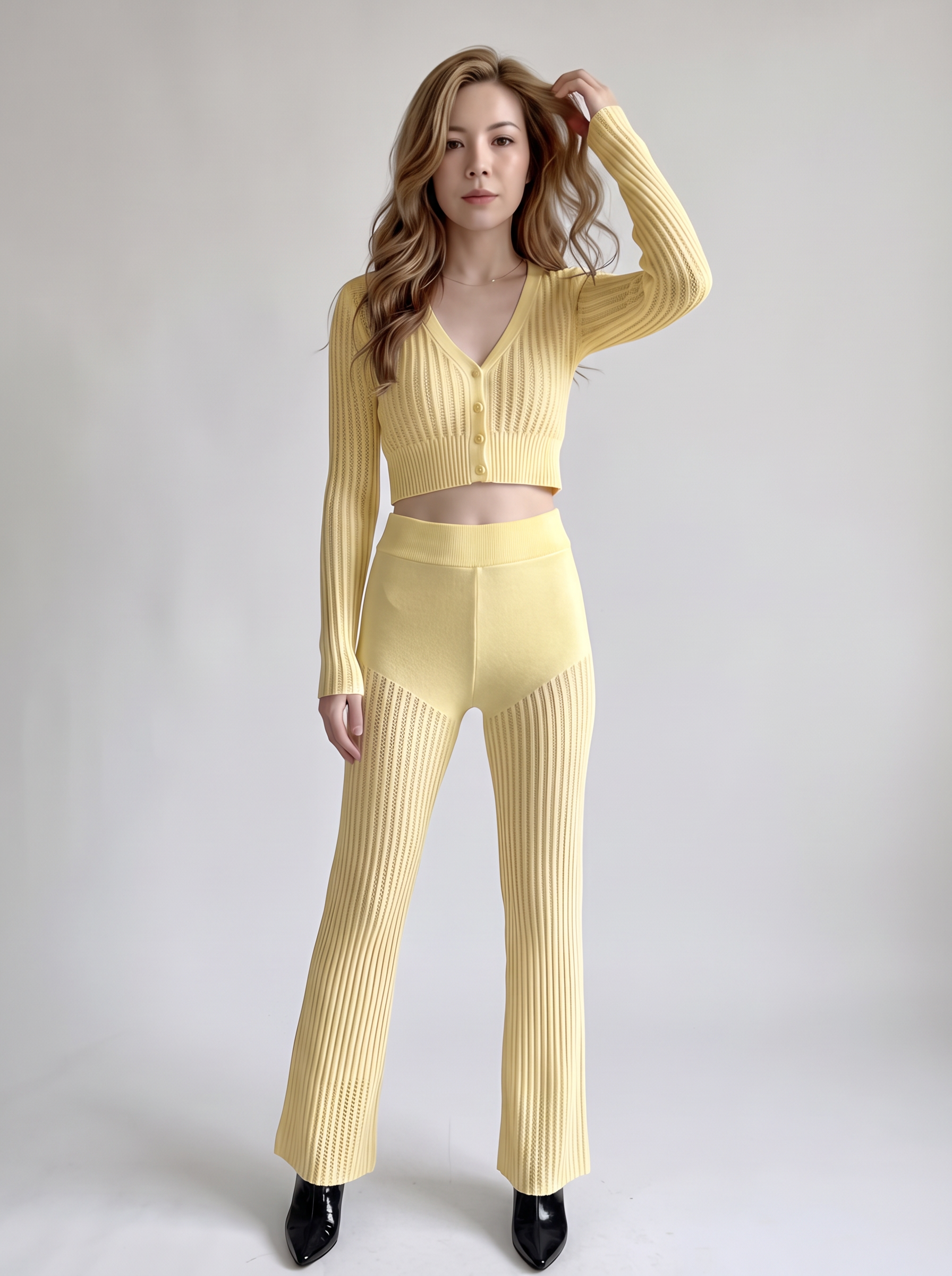 Women White Hollow Rib Knit 2 Piece Loungewear Set, V-Neck Button Long Sleeve Cropped Cardigan + High Waist Flared Knit Pants, Elegant Casual Matching Outfit view 7