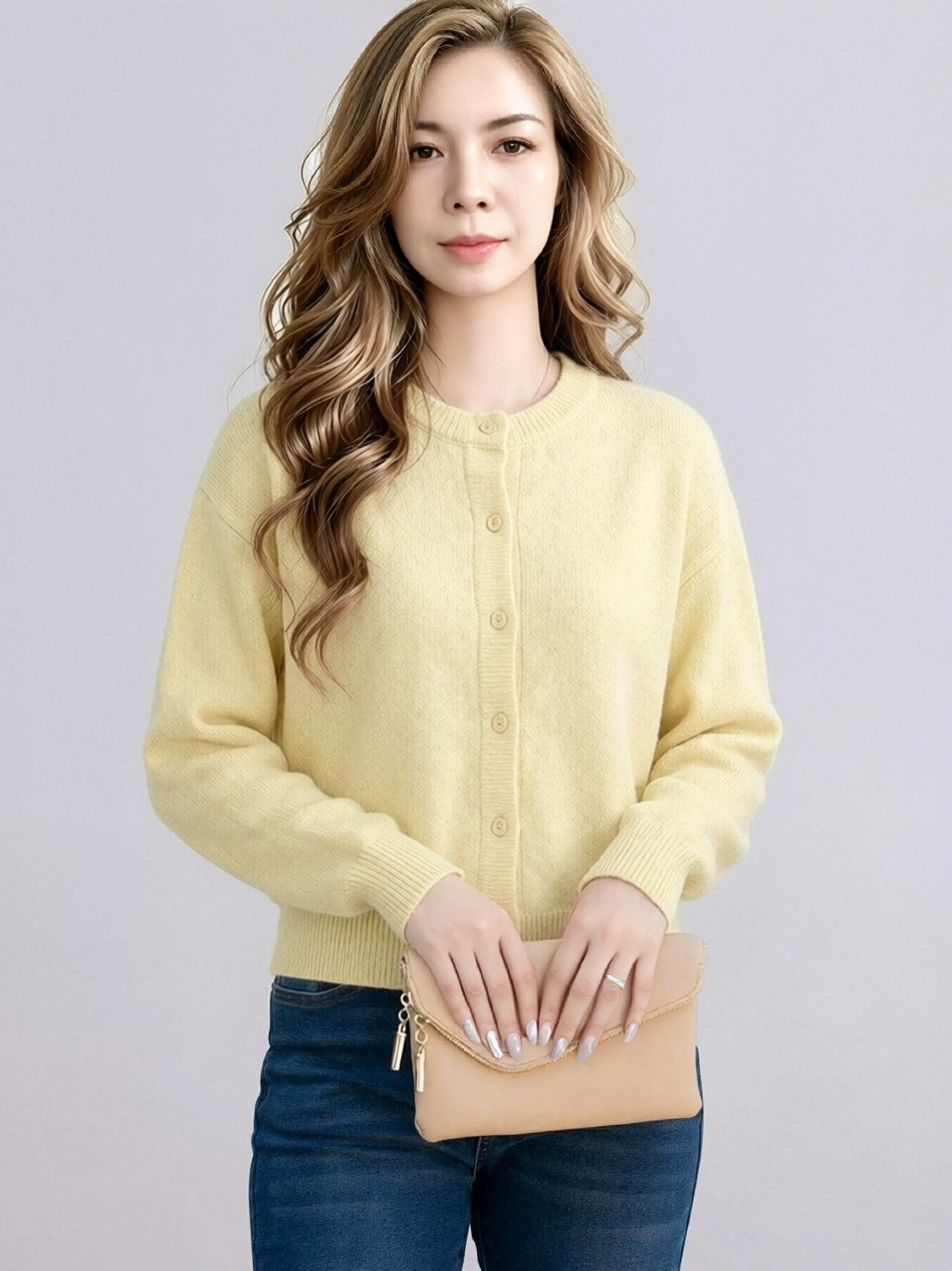 819 Women Crew Neck Button Knit Cardigan, Long Sleeve Solid Color Cropped Knit Sweater Coat, Casual Loose Soft Knit Outerwear For Spring Fall Multiple Colors view 9