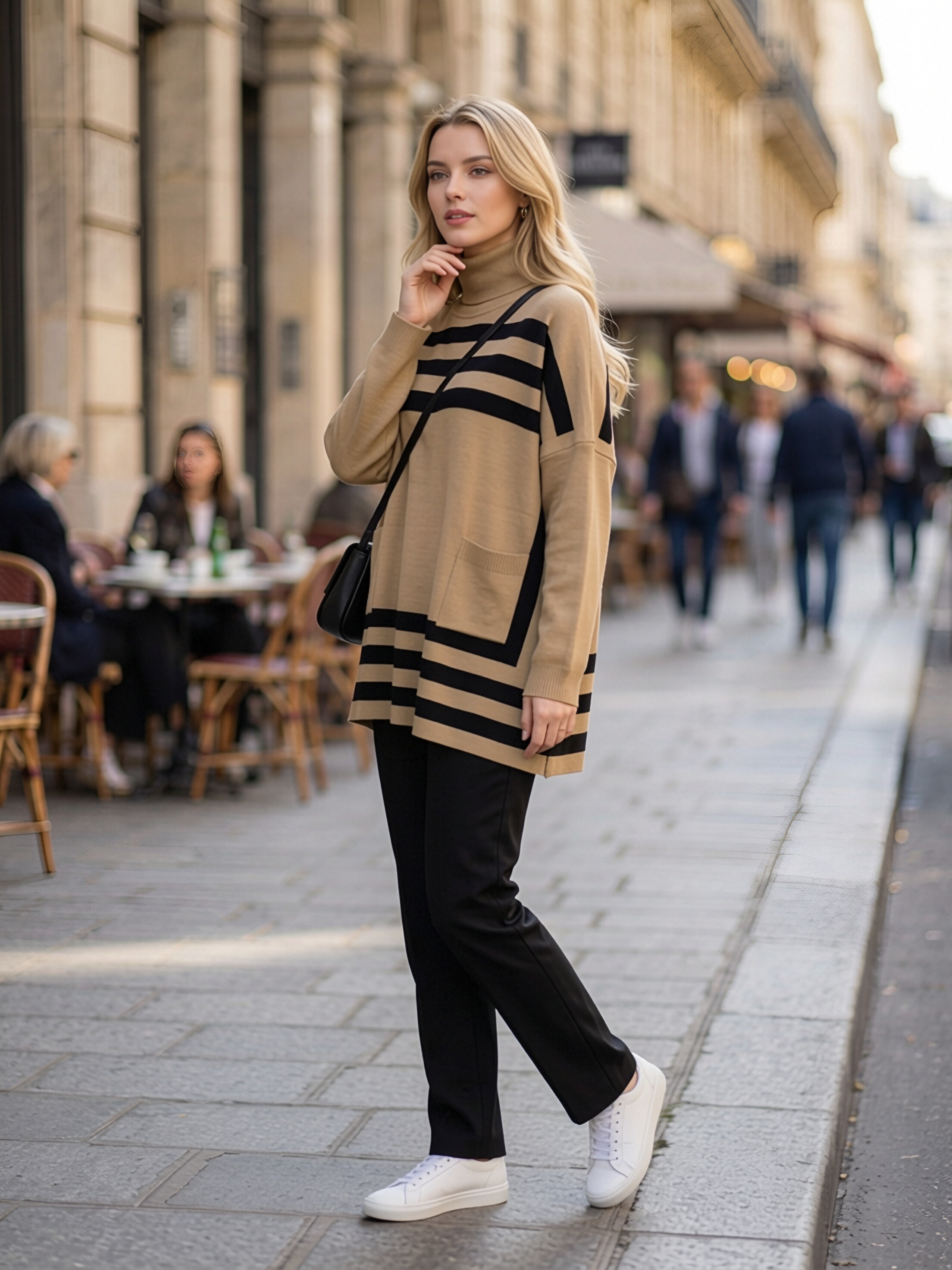 508 Women Turtleneck Striped Oversized Knit Sweater, Long Sleeve Loose Tunic Sweater Top With Pockets, Casual Side Slit Pullover view 2