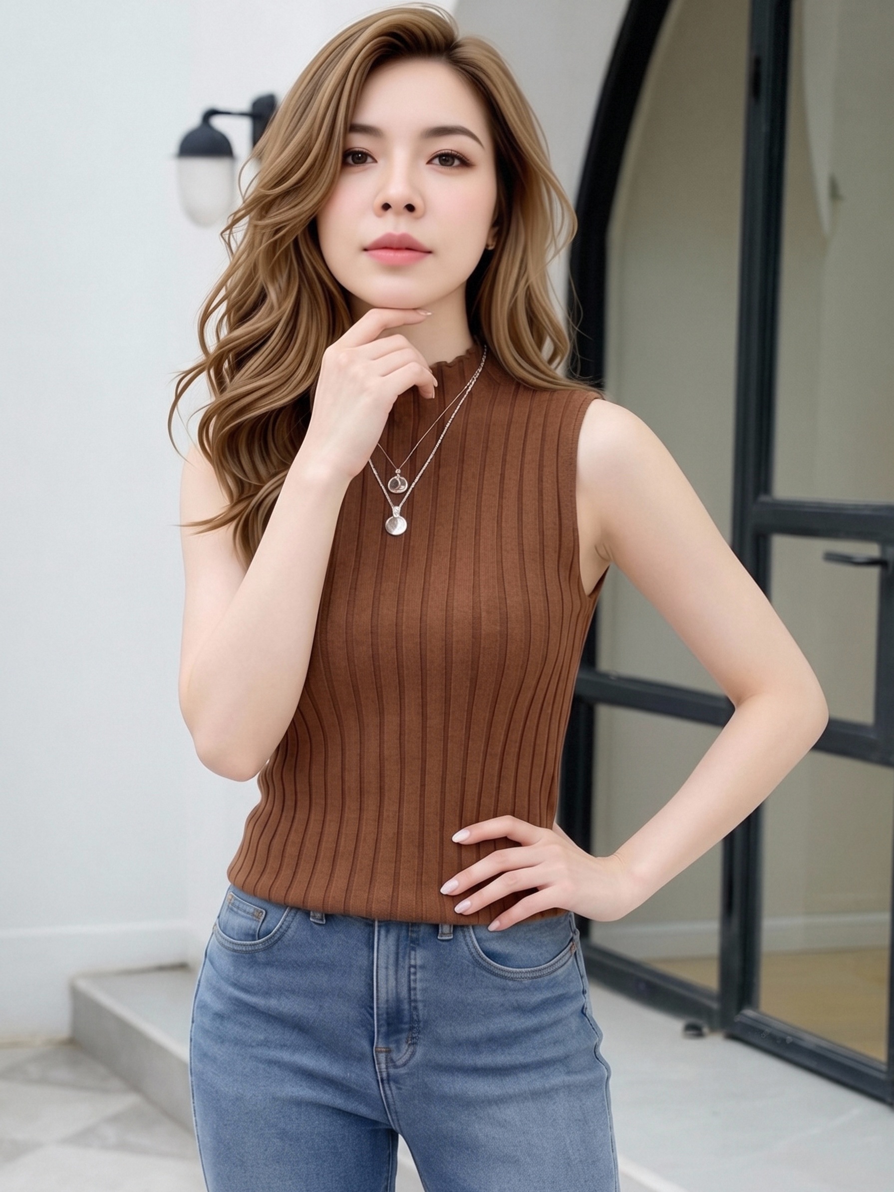 Women Wavy Trim Mock Neck Sleeveless Ribbed Knit Tank Top, Slim Fitted Solid Color Basic Layering Camisole, Spring Autumn All Match Inner Vest view 6