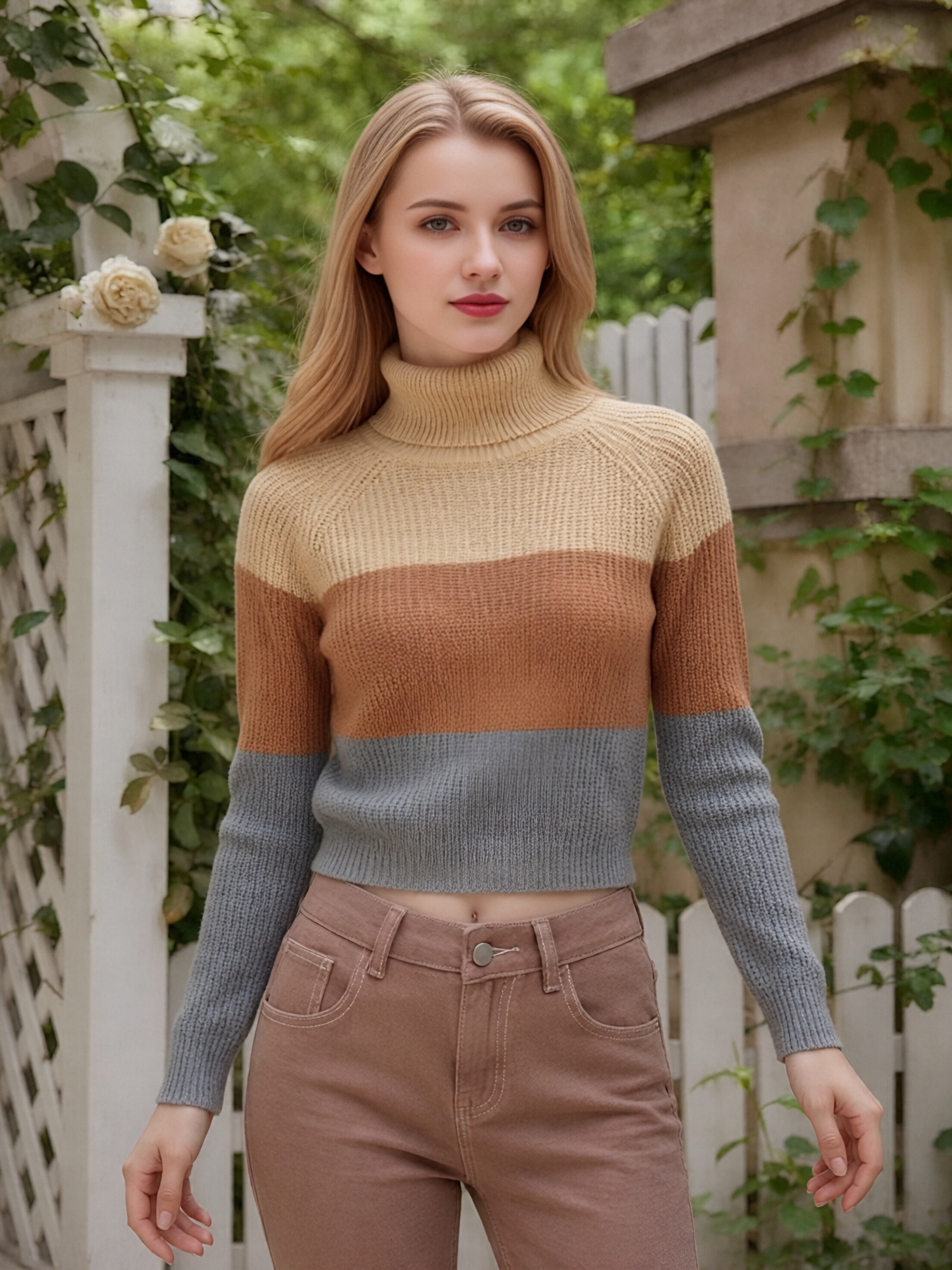 Women Turtleneck Color Block Striped Knit Sweater, Khaki Caramel Gray Patchwork Ribbed Cropped Pullover, Loose Drop Shoulder Long Sleeve Retro Fall Knit Top view 3