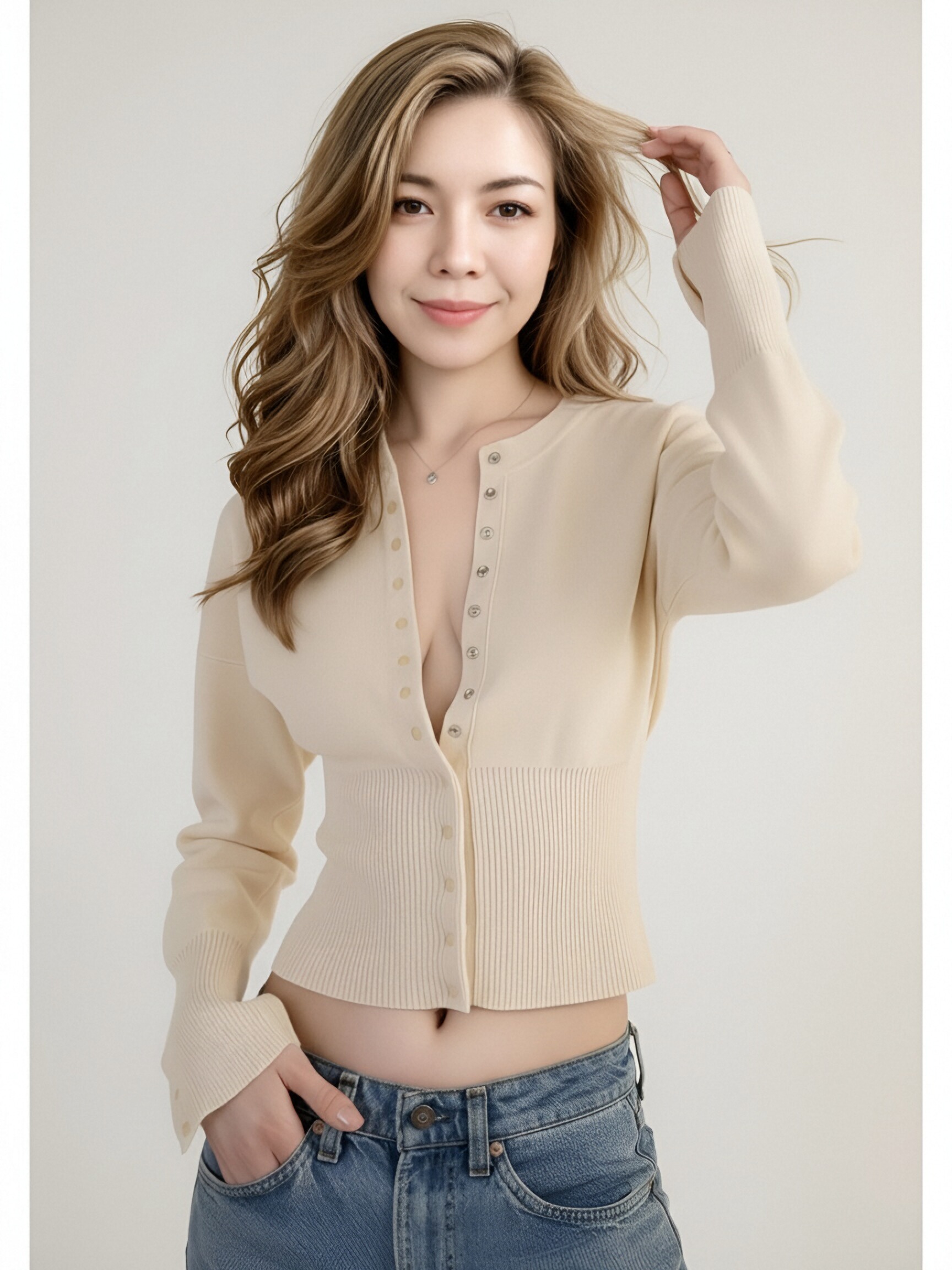 Women Cream Double Row Button Knit Cardigan, Round Neck Flare Long Sleeve Slim Waist Cropped Knit Top, Vintage Solid Color Fitted Knit Outerwear view 3