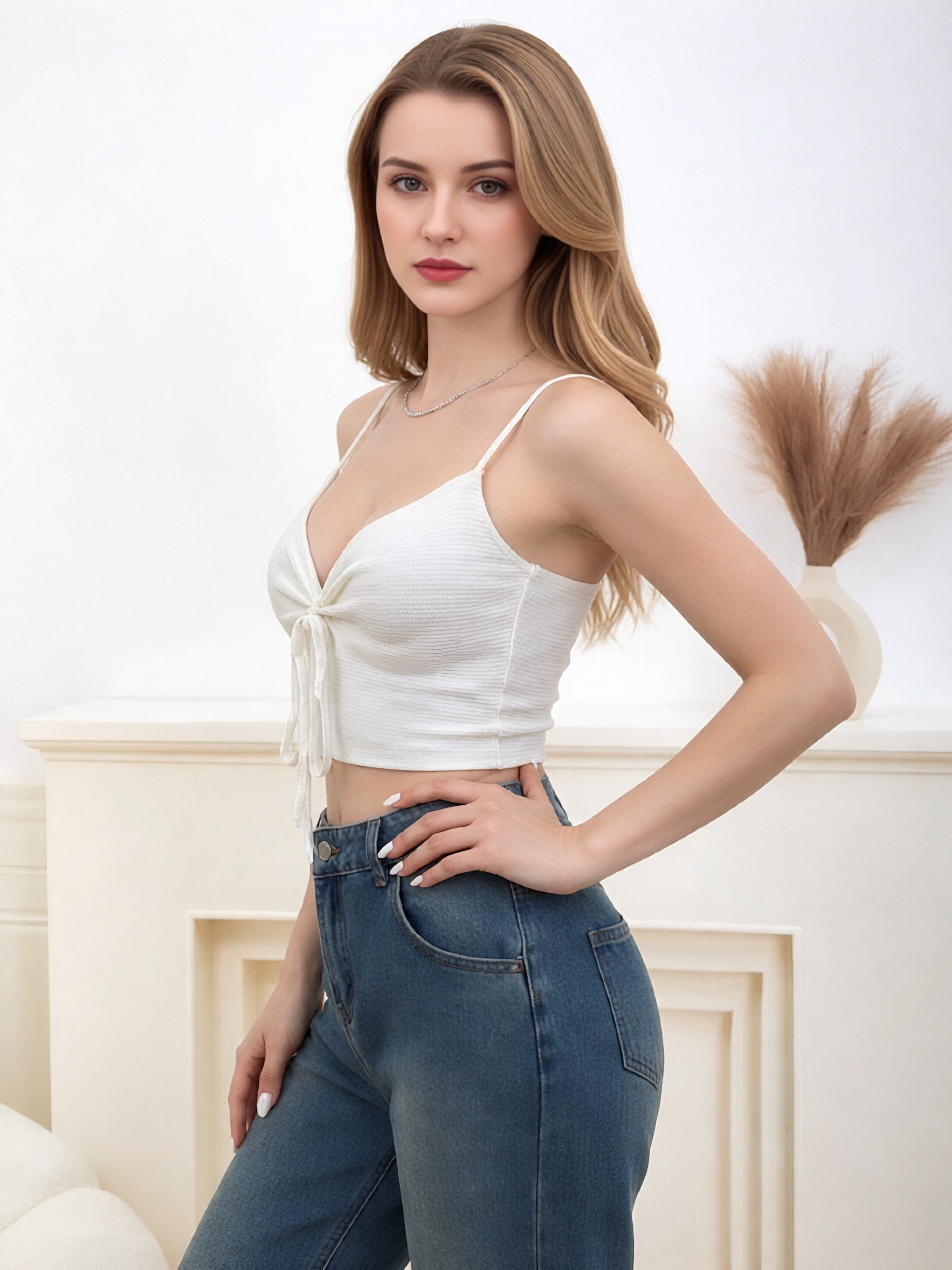 Women Front Drawstring Twist V Neck Ribbed Crop Cami Top, Slim Fit Spaghetti Strap White Knit Camisole, Y2K Summer Sexy Sleeveless Cropped Tank Top view 4