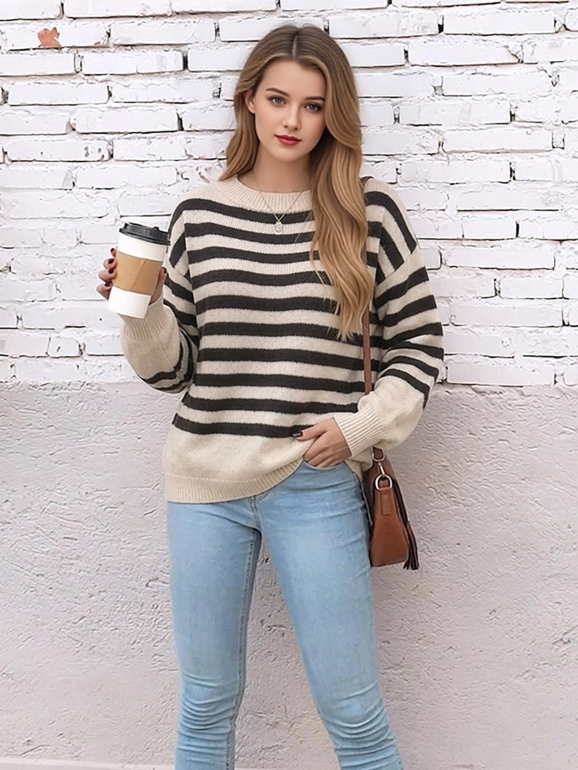 Women Crew Neck Striped Knit Sweater, Loose Drop Shoulder Long Sleeve Color Block Stripe Pullover Jumper, Casual Oversized Soft Knit Top for Autumn Winter