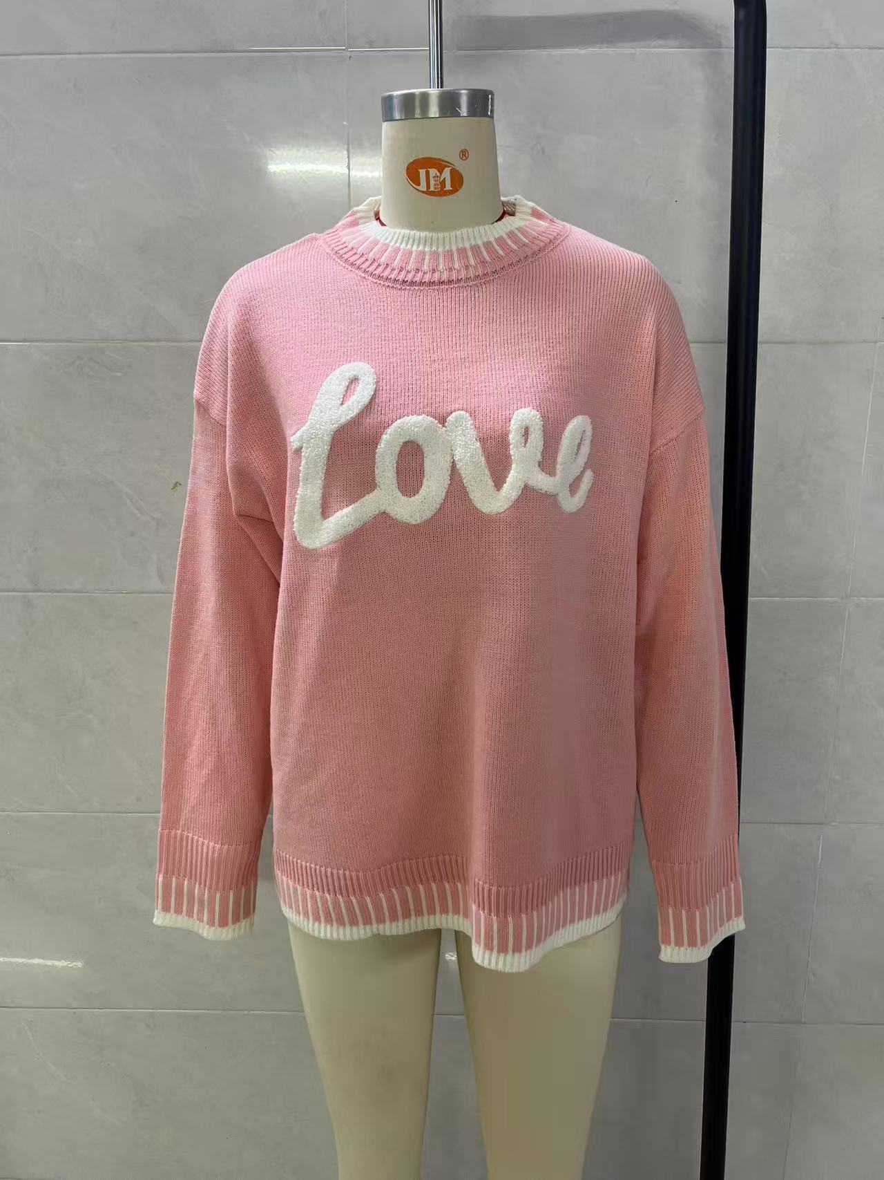 Women LOVE Letter Embroidery Knit Sweater, Contrast Stripe Crew Neck Long Sleeve Pullover, Loose Casual Drop‑Shoulder Knit Jumper view 8