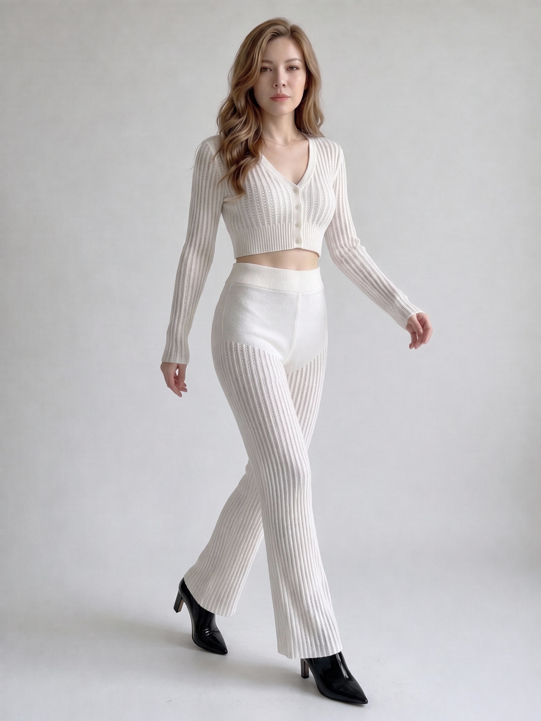 Women White Hollow Rib Knit 2 Piece Loungewear Set, V-Neck Button Long Sleeve Cropped Cardigan + High Waist Flared Knit Pants, Elegant Casual Matching Outfit view 4